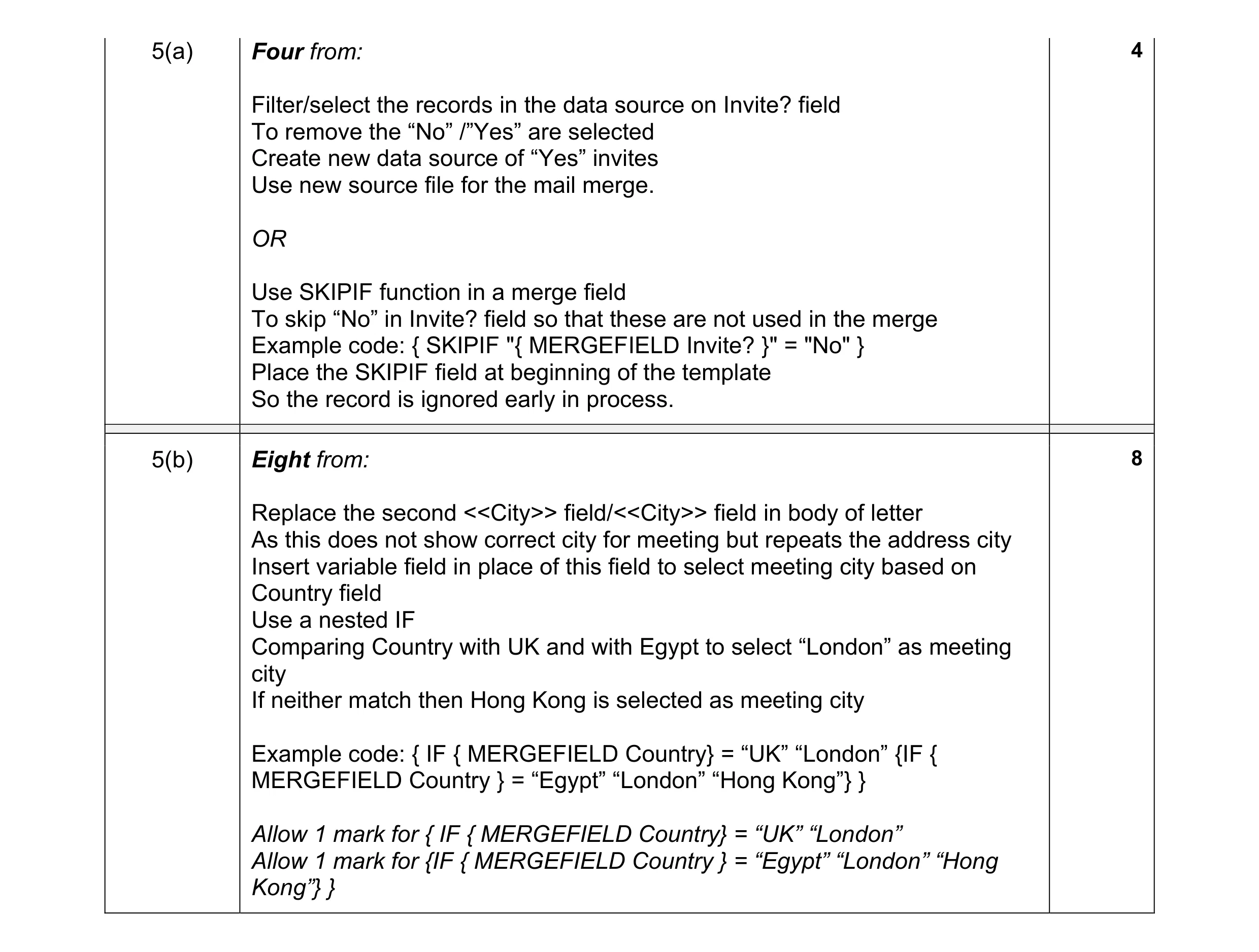 Mark scheme for question 2