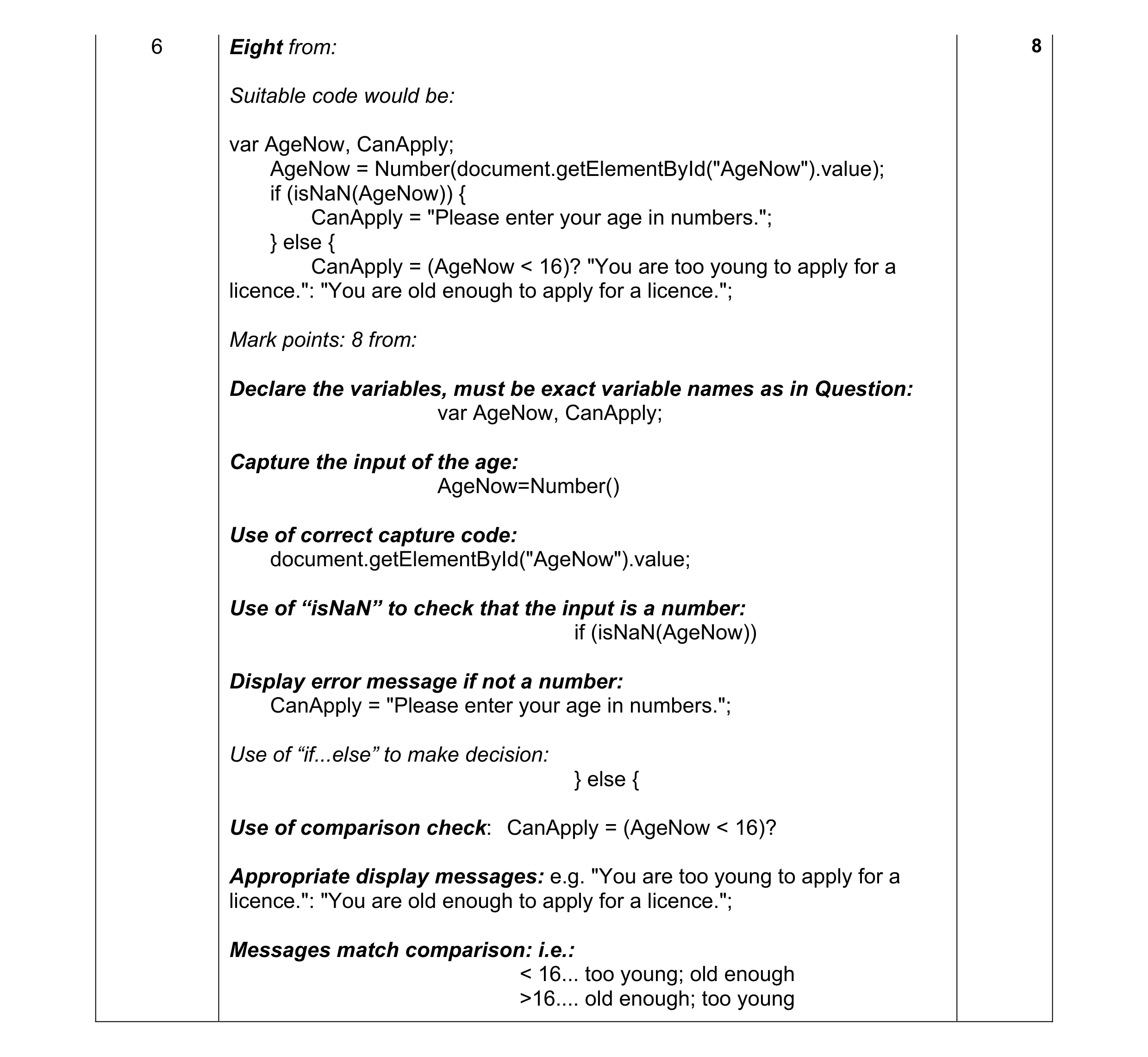 Mark scheme for question 6