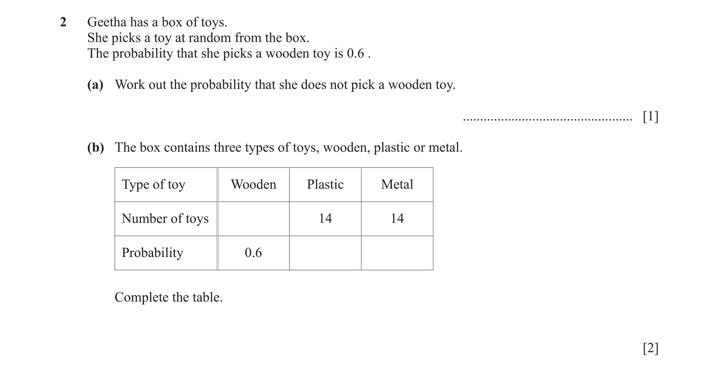 Question 50: Geetha has a box of toys. She picks a toy at random from the box. The probability that she picks a wooden toy is 0.6 . (a) Work out the pro…