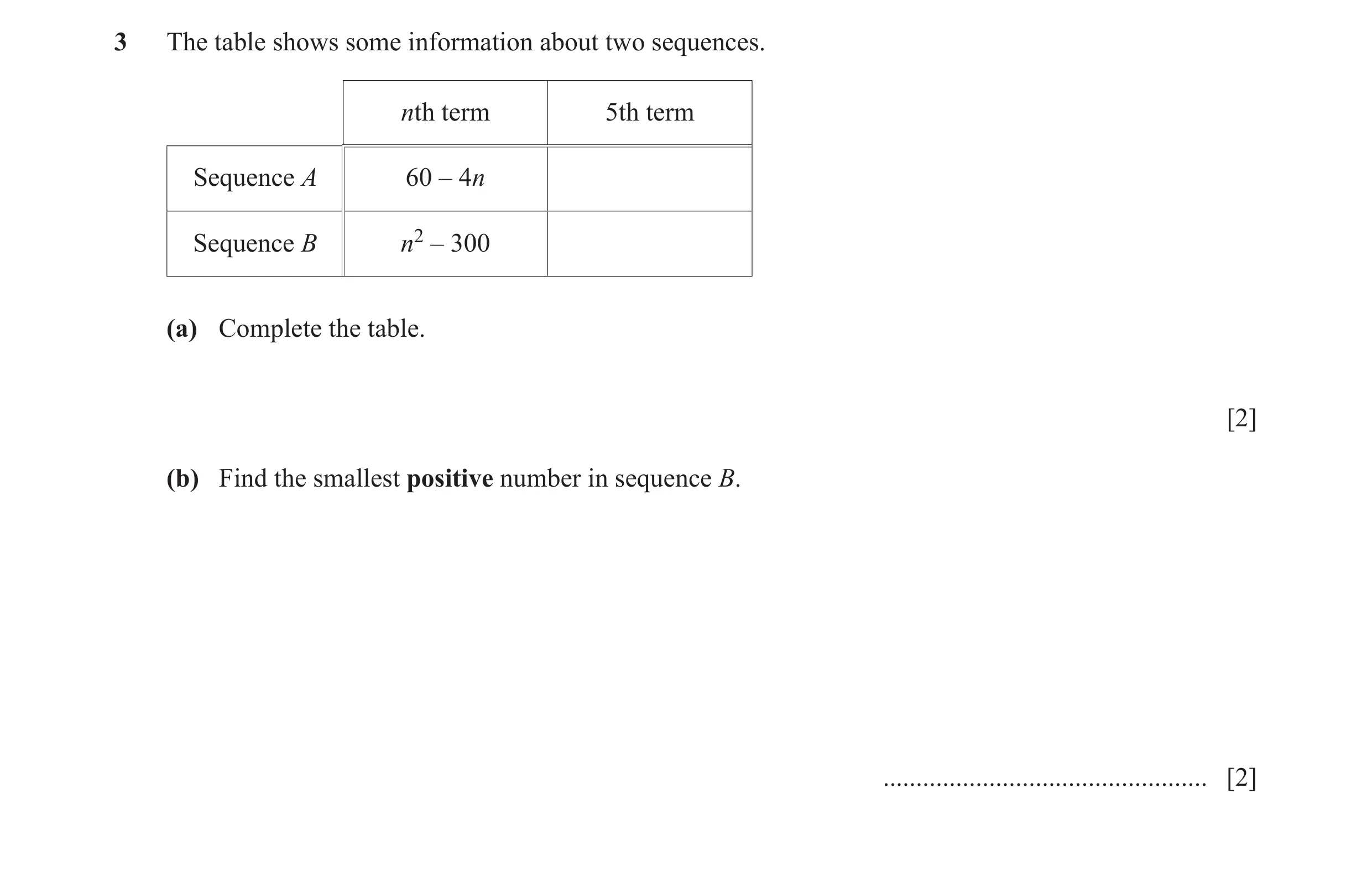 Question 36: The table shows some information about two sequences. nth term 5th term Sequence A 60 – 4n Sequence B n2 – 300 (a) Complete the table. [2] …