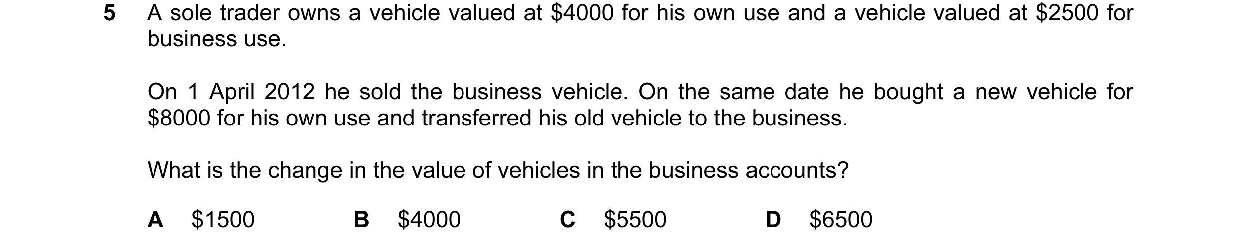 Question 68: A sole trader owns a vehicle valued at $4000 for his own use and a vehicle valued at $2500 for business use. On 1 April 2012 he sold the bu…