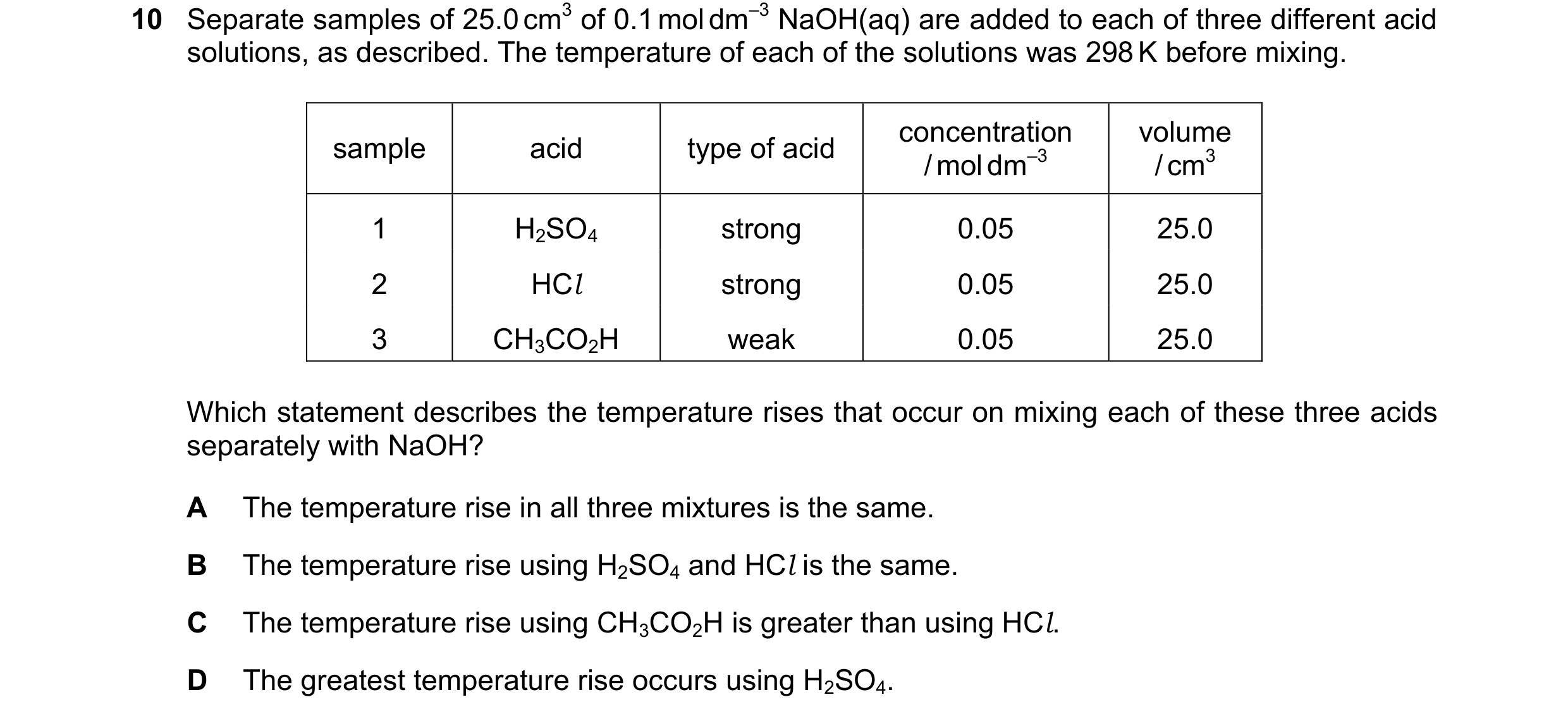 Question 181: Separate samples of 25.0 cm3 of 0.1 mol dm–3 NaOH(aq) are added to each of three different acid solutions, as described. The temperature of…
