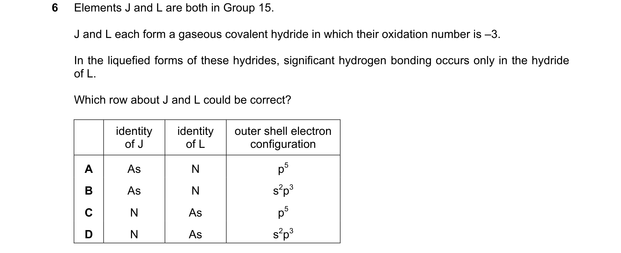 Question 112: Elements J and L are both in Group 15. J and L each form a gaseous covalent hydride in which their oxidation number is –3. In the liquefied…