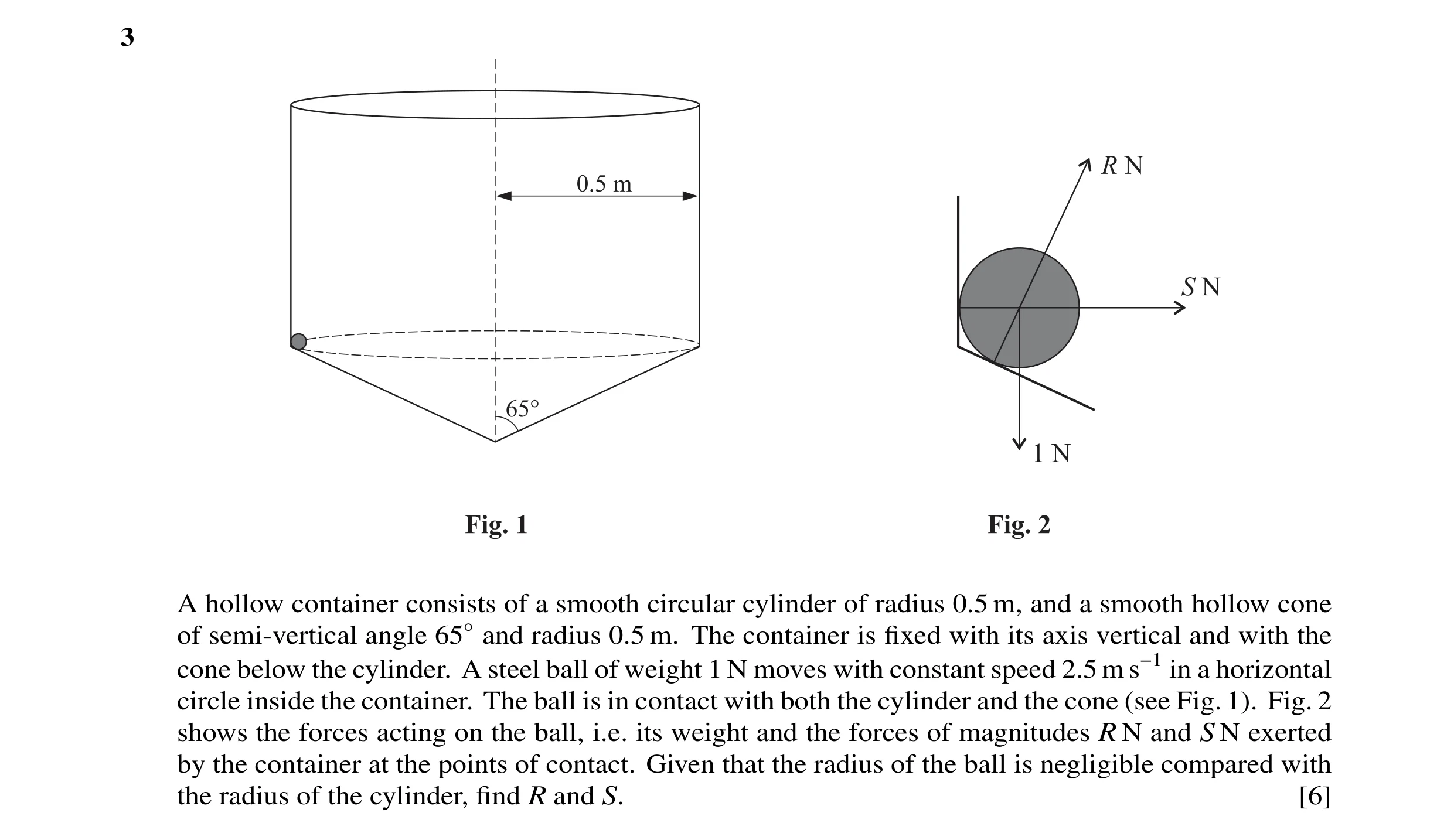 Question 9: A hollow container consists of a smooth circular cylinder of radius 0.5 m, and a smooth hollow cone of semi-vertical angle 65◦and radius 0.…
