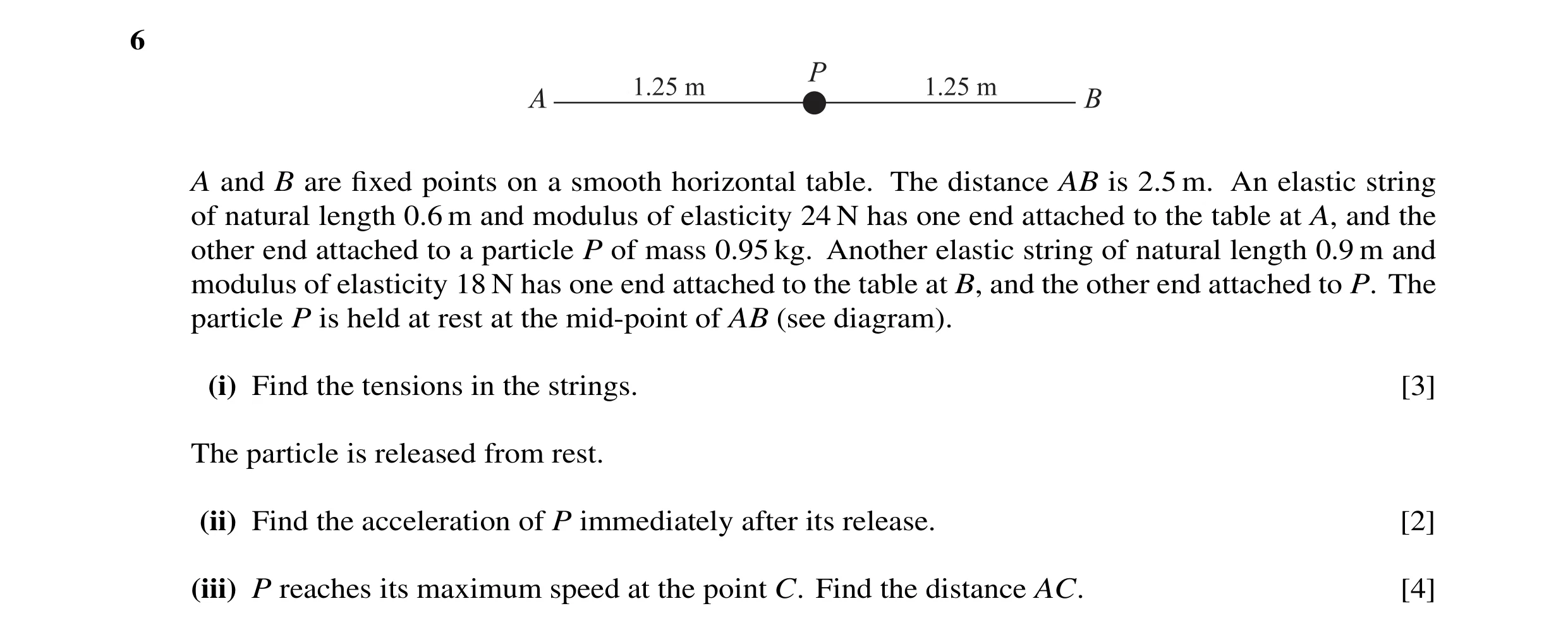Question 11: A and B are fixed points on a smooth horizontal table. The distance AB is 2.5 m. An elastic string of natural length 0.6 m and modulus of el…