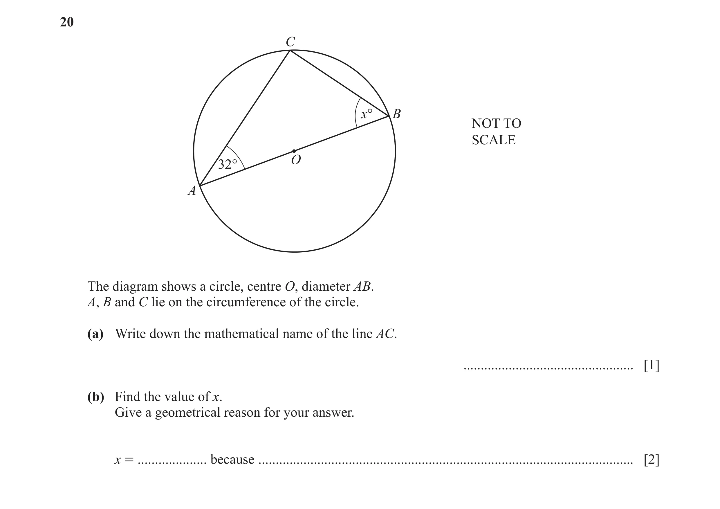 Question 19: C x° B NOT TO SCALE O 32° A The diagram shows a circle, centre O, diameter AB. A, B and C lie on the circumference of the circle. (a) Write…
