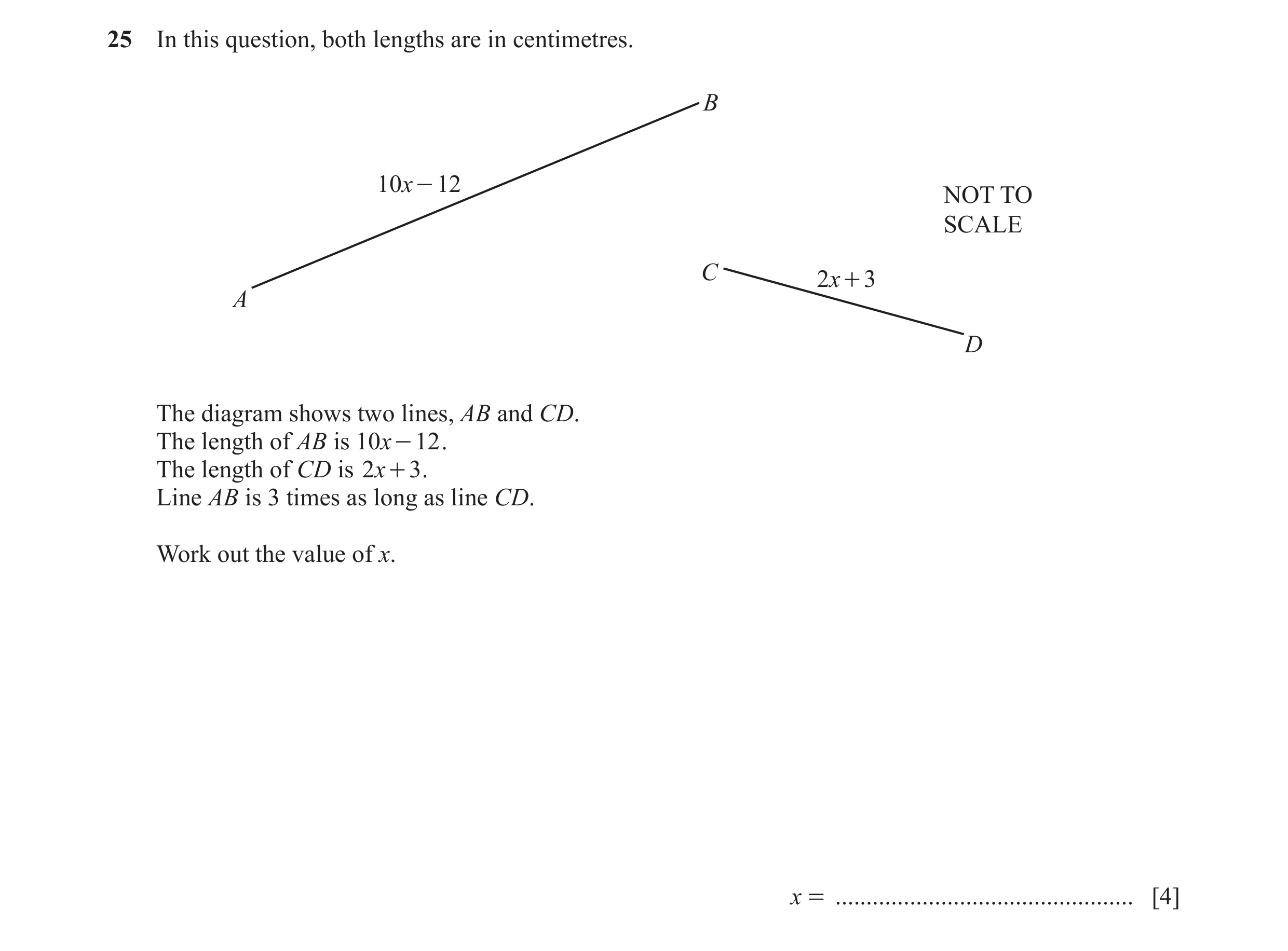 Question 124: In this question, both lengths are in centimetres. B 10x - 12 NOT TO SCALE C 2x + 3 A D The diagram shows two lines, AB and CD. The length …