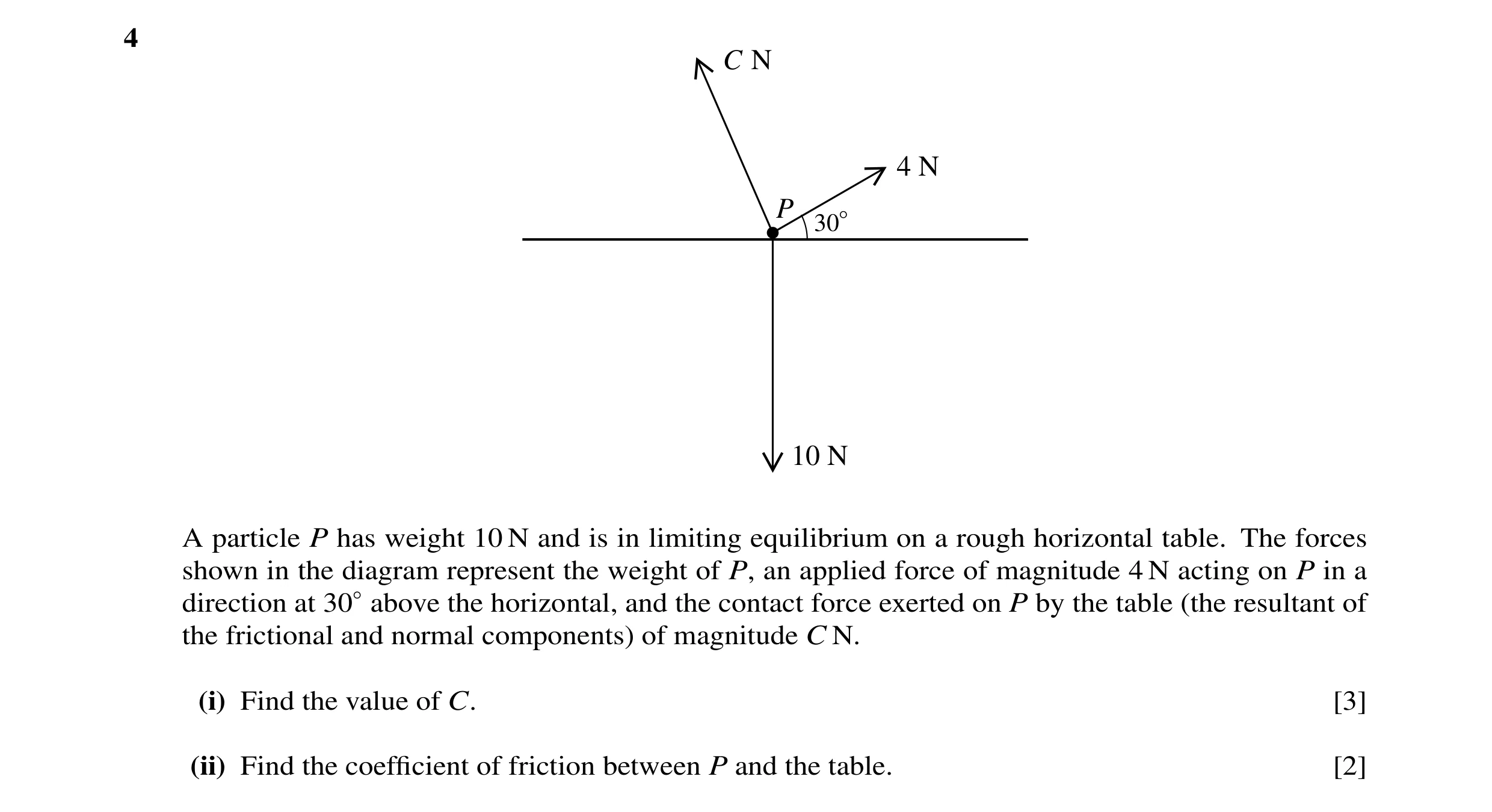 Question 42: C N 4 N P 30° 10 N A particle P has weight 10 N and is in limiting equilibrium on a rough horizontal table. The forces shown in the diagram…