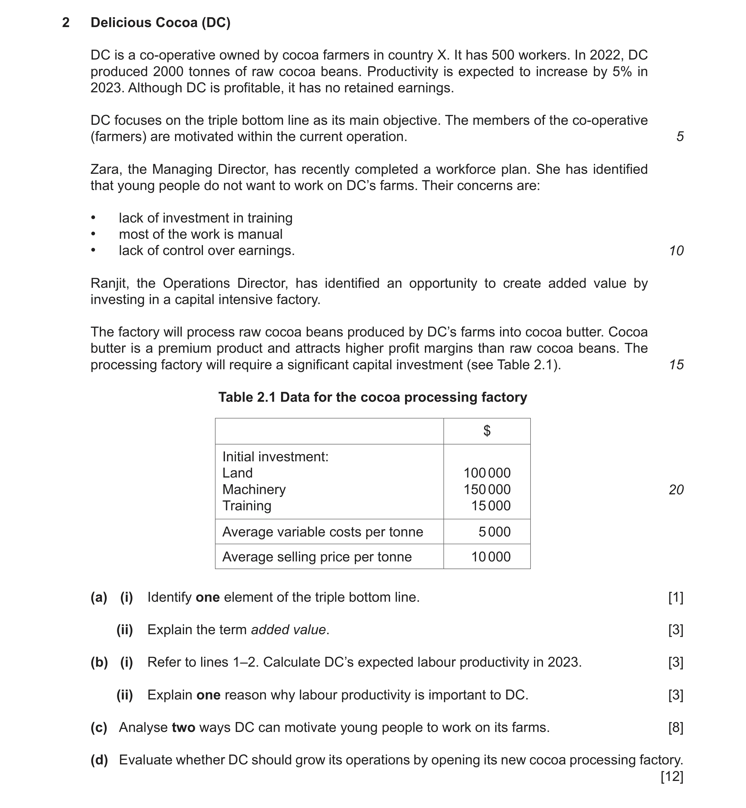 Question 12: Delicious Cocoa (DC) DC is a co-operative owned by cocoa farmers in country X. It has 500 workers. In 2022, DC produced 2000 tonnes of raw …