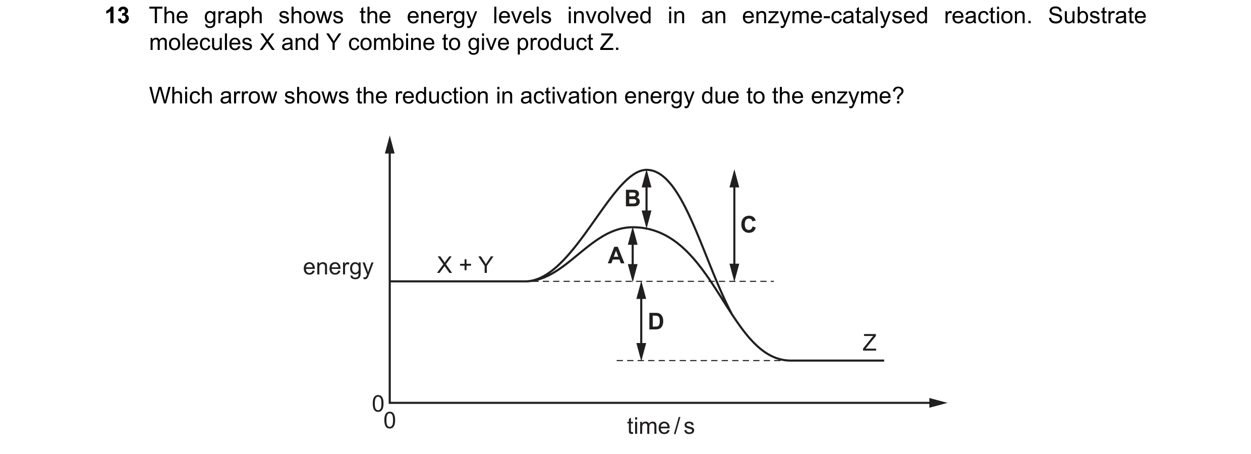 Question 65: The graph shows the energy levels involved in an enzyme-catalysed reaction. Substrate molecules X and Y combine to give product Z. Which ar…