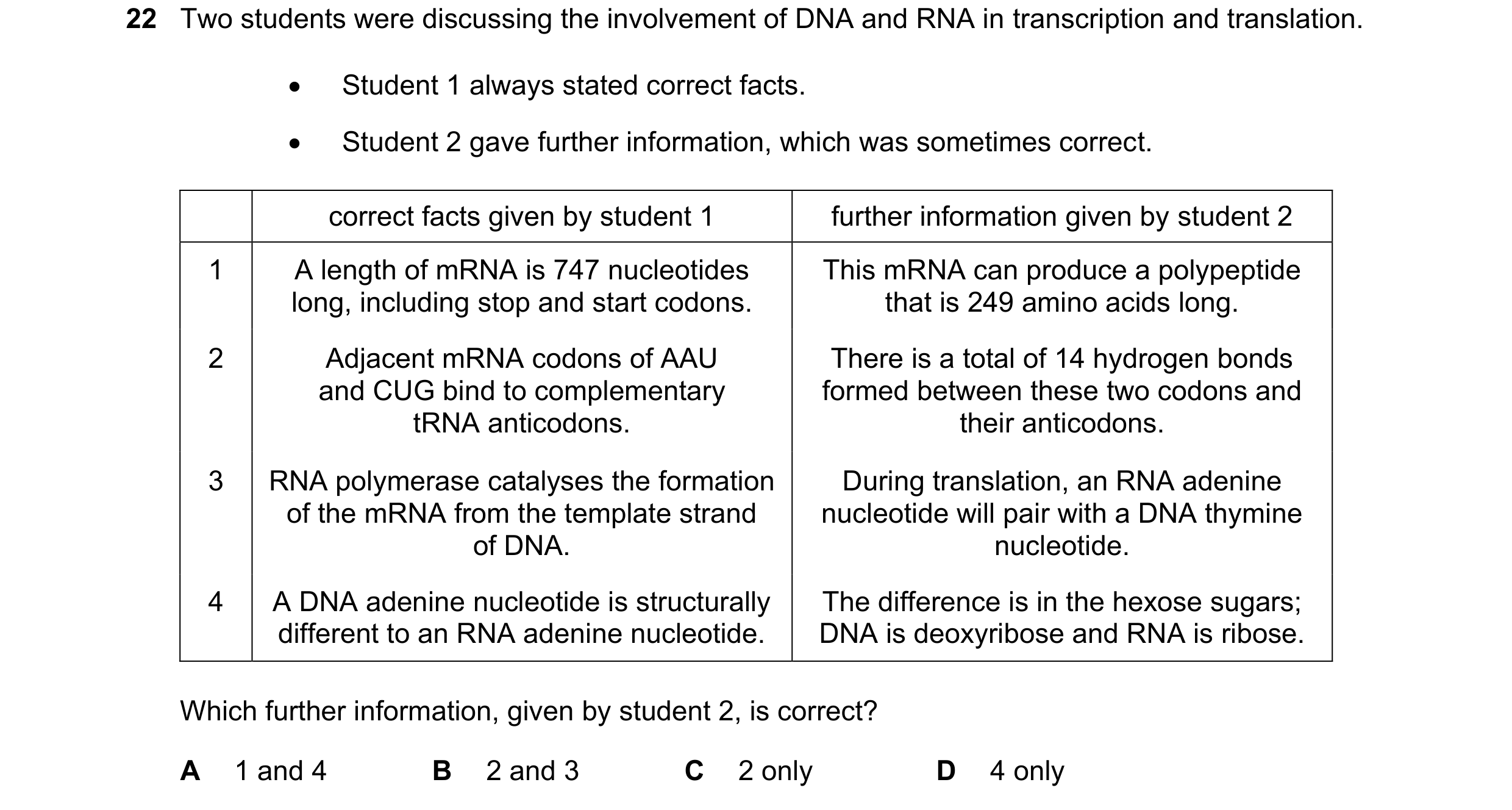 Question 136: Two students were discussing the involvement of DNA and RNA in transcription and translation. Student 1 always stated correct facts. St…