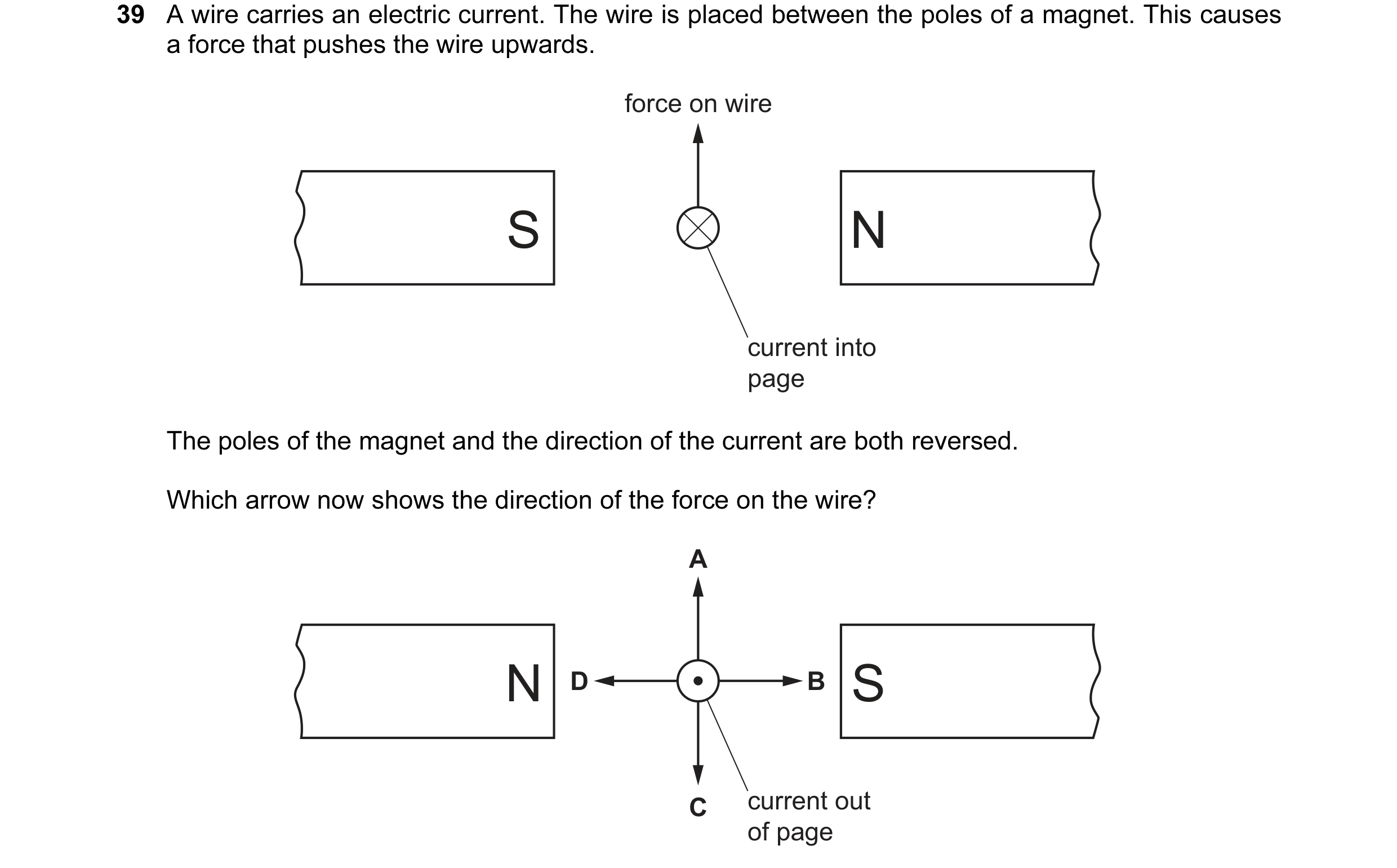 Question 18: A wire carries an electric current. The wire is placed between the poles of a magnet. This causes a force that pushes the wire upwards. for…