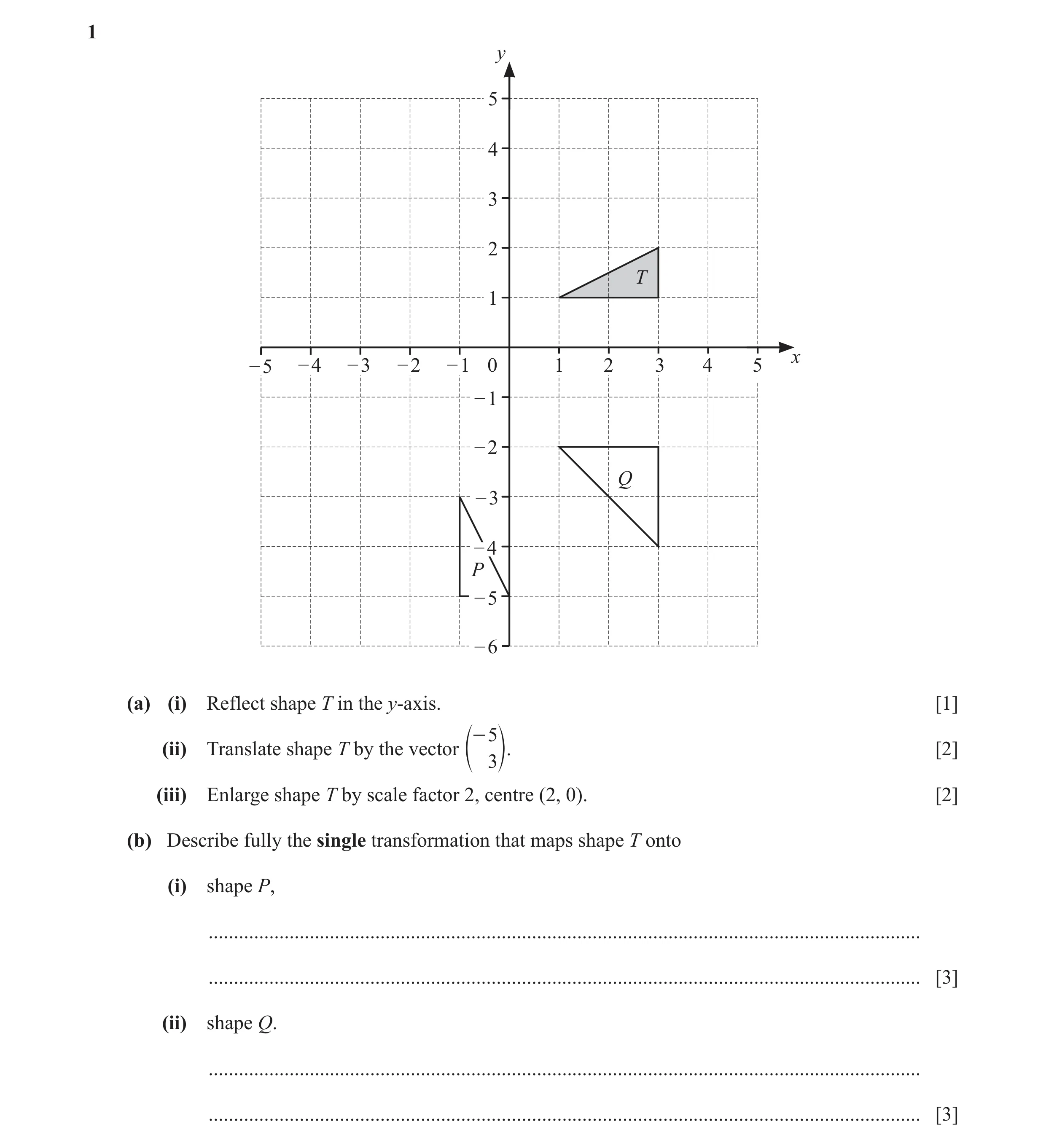 Question 18: y 5 4 3 2 T 1 x – 5 – 4 – 3 – 2 – 1 0 1 2 3 4 5 – 1 – 2 Q – 3 – 4 P – 5 – 6 (a) (i) Reflect shape T in the y-axis. [1] - 5 (ii) Translate s…