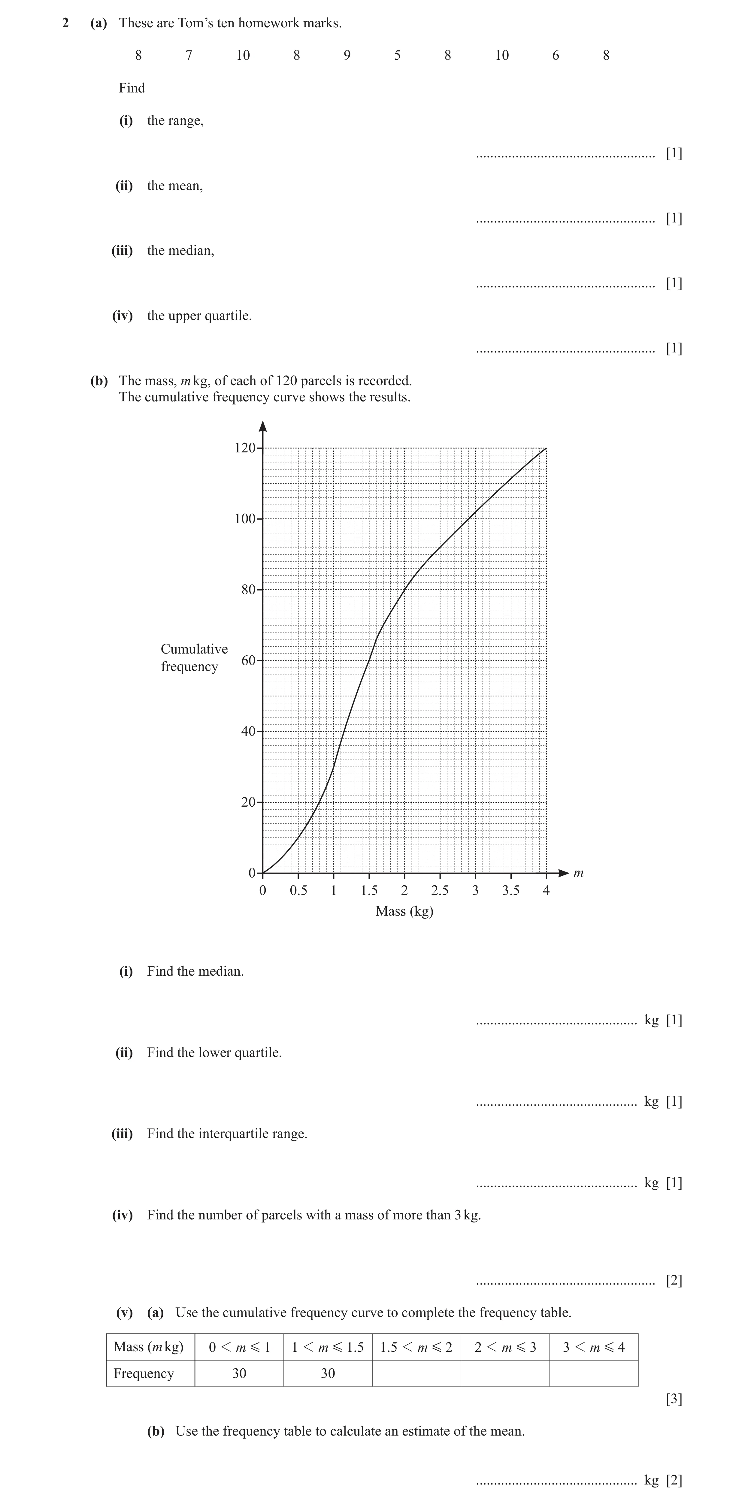 Question 21: (a) These are Tom’s ten homework marks. 8 7 10 8 9 5 8 10 6 8 Find (i) the range, .................................................. [1] (i…