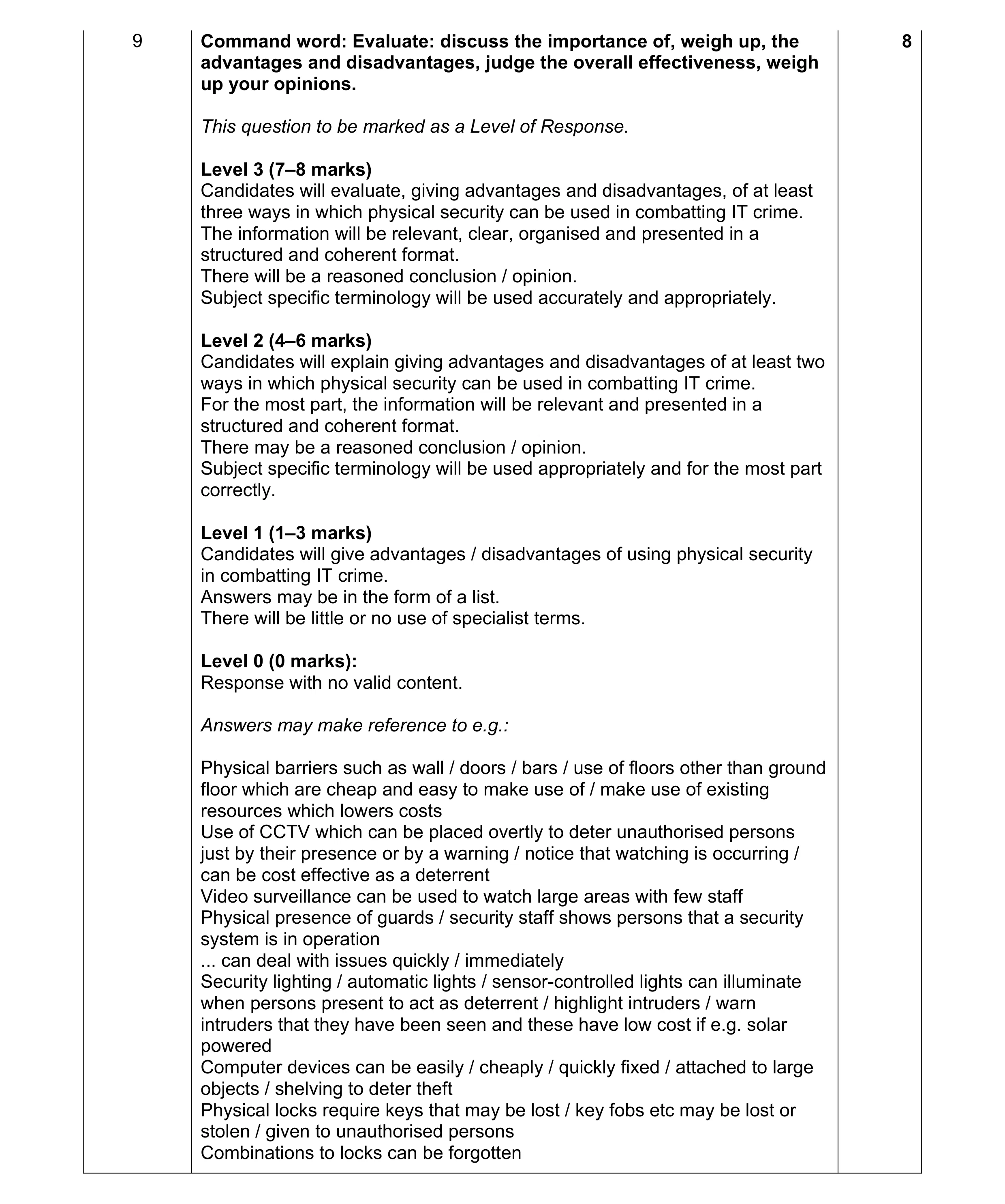 Mark scheme for question 9