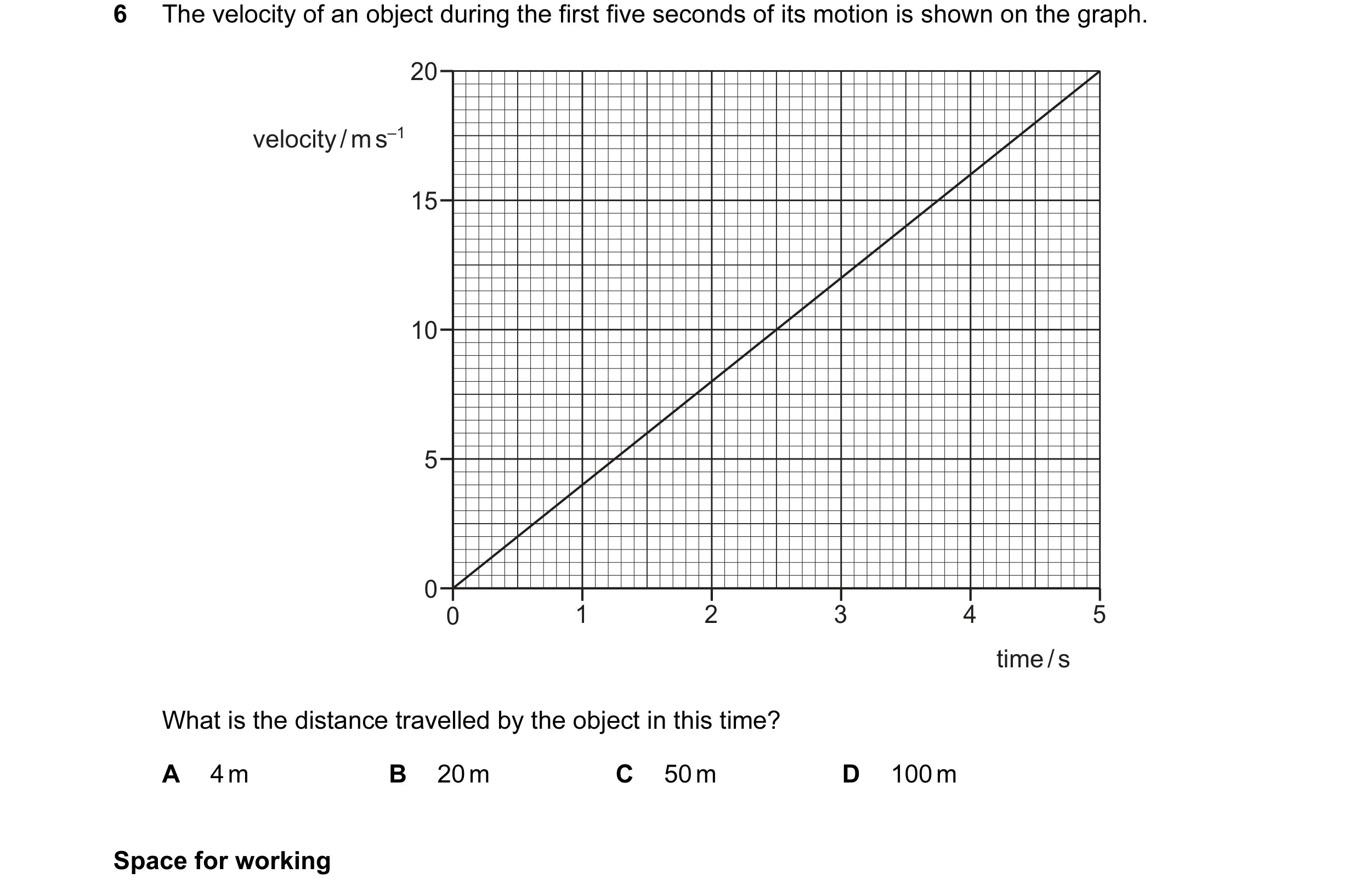 Question 43: The velocity of an object during the first five seconds of its motion is shown on the graph. 20 velocity / m s–1 15 10 5 0 0 1 2 3 4 5 time…