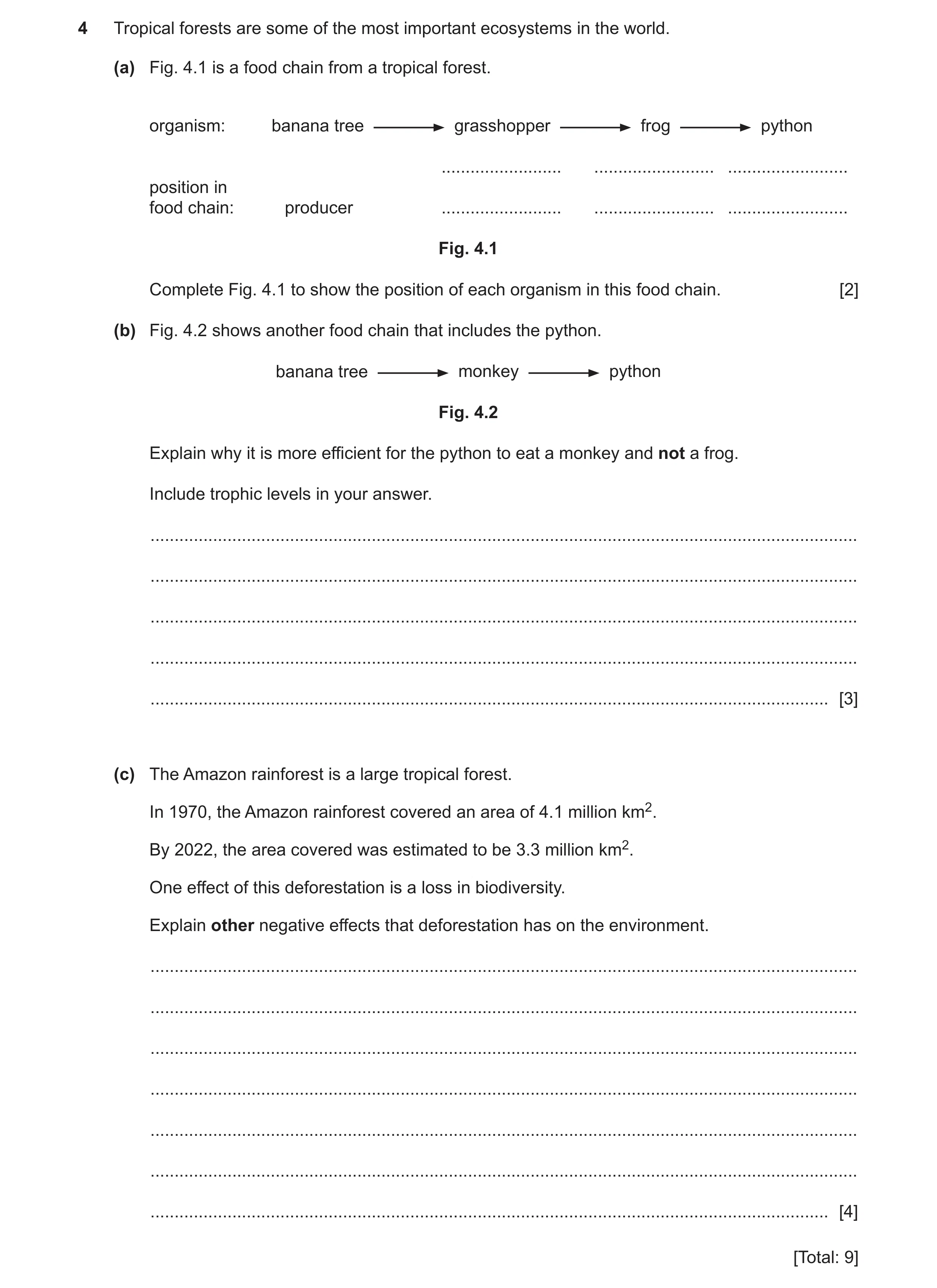 Question 14: Tropical forests are some of the most important ecosystems in the world. (a) Fig. 4.1 is a food chain from a tropical forest. organism: ban…