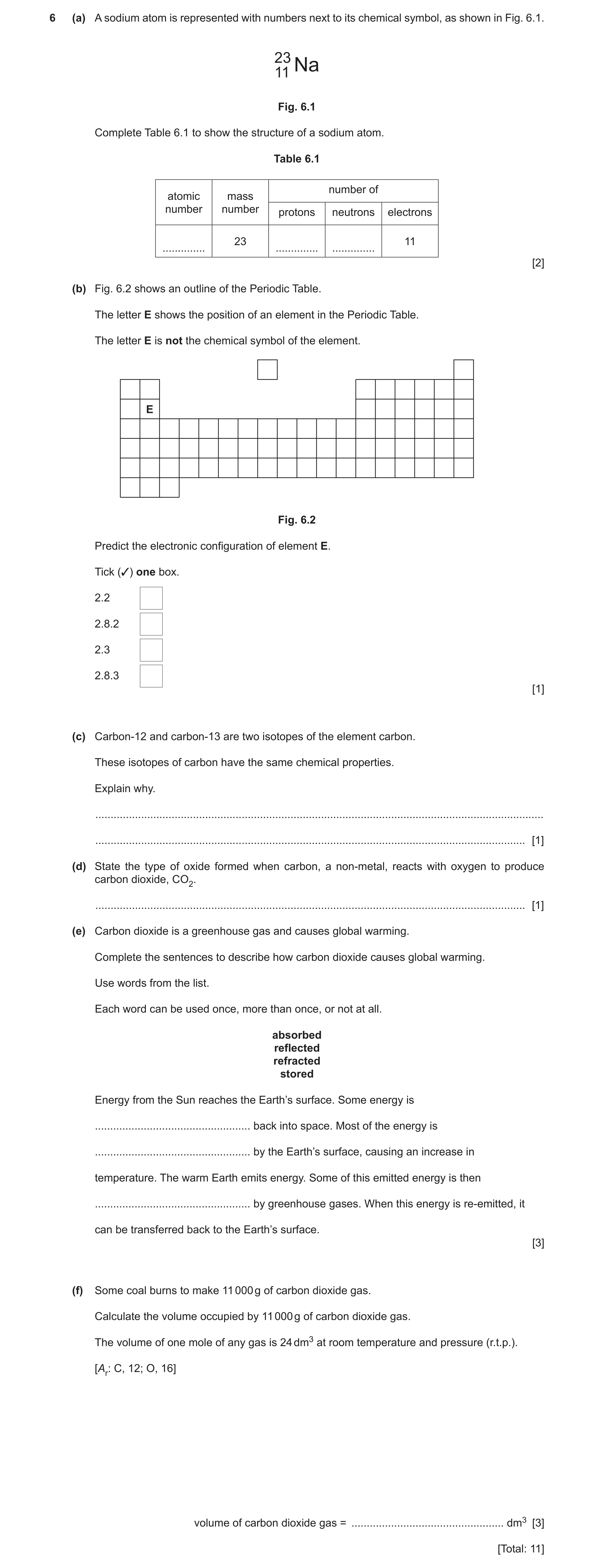 Question 27: (a) A sodium atom is represented with numbers next to its chemical symbol, as shown in Fig. 6.1. 23 Na 11 Fig. 6.1 Complete Table 6.1 to sh…