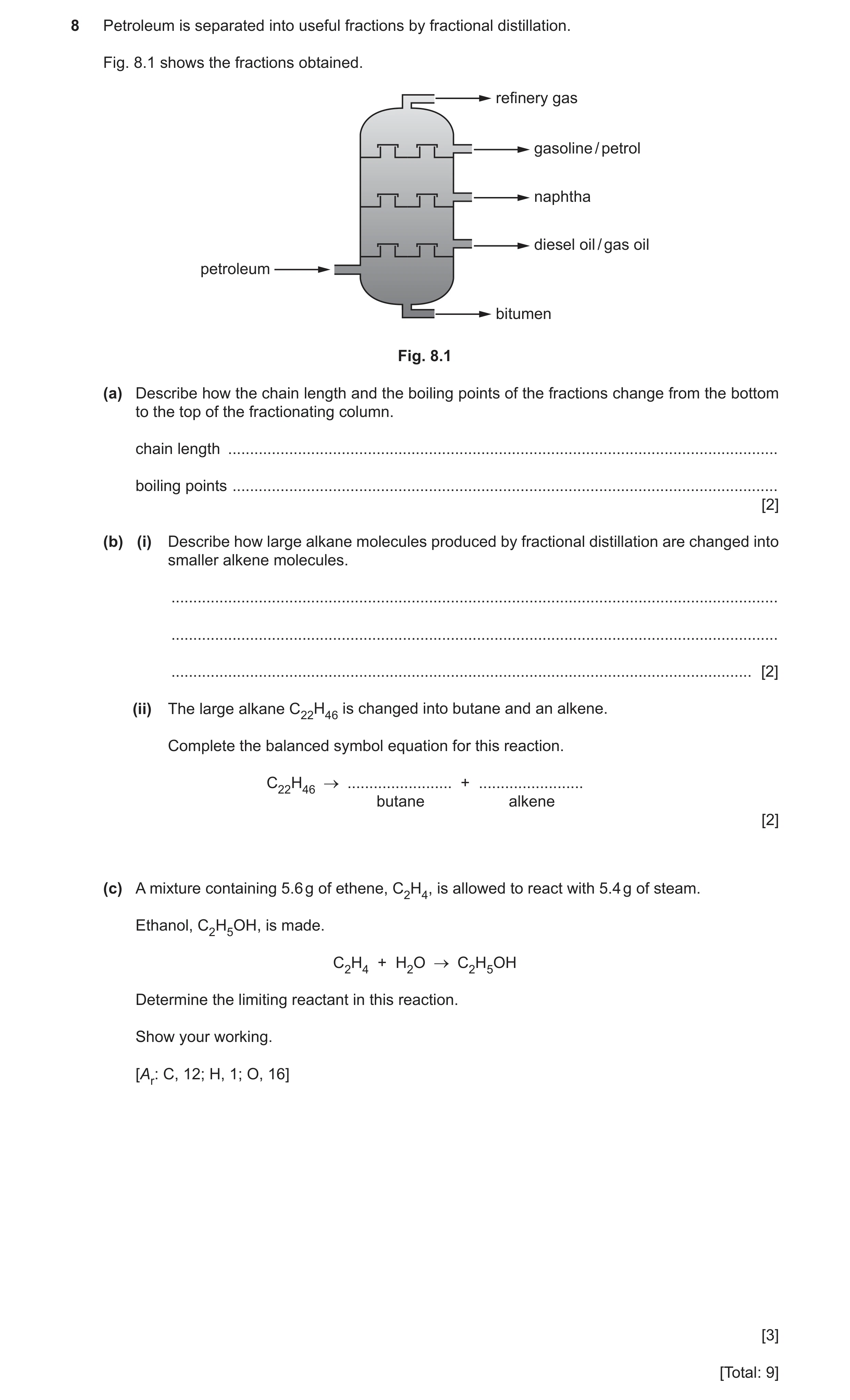 Question 21: Petroleum is separated into useful fractions by fractional distillation. Fig. 8.1 shows the fractions obtained. refinery gas gasoline / pet…