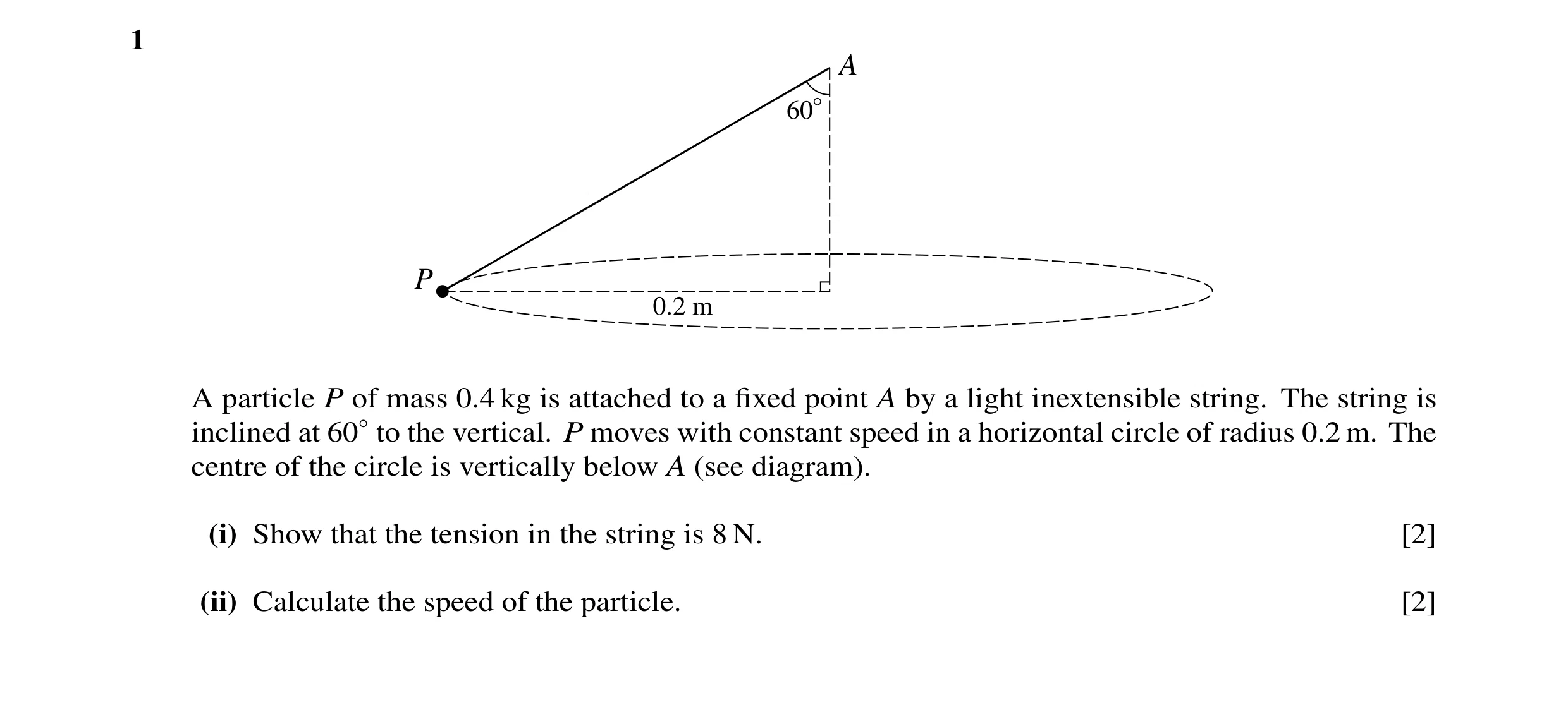 Question 46: A 60° P 0.2 m A particle P of mass 0.4 kg is attached to a fixed point A by a light inextensible string. The string is inclined at 60◦to the…