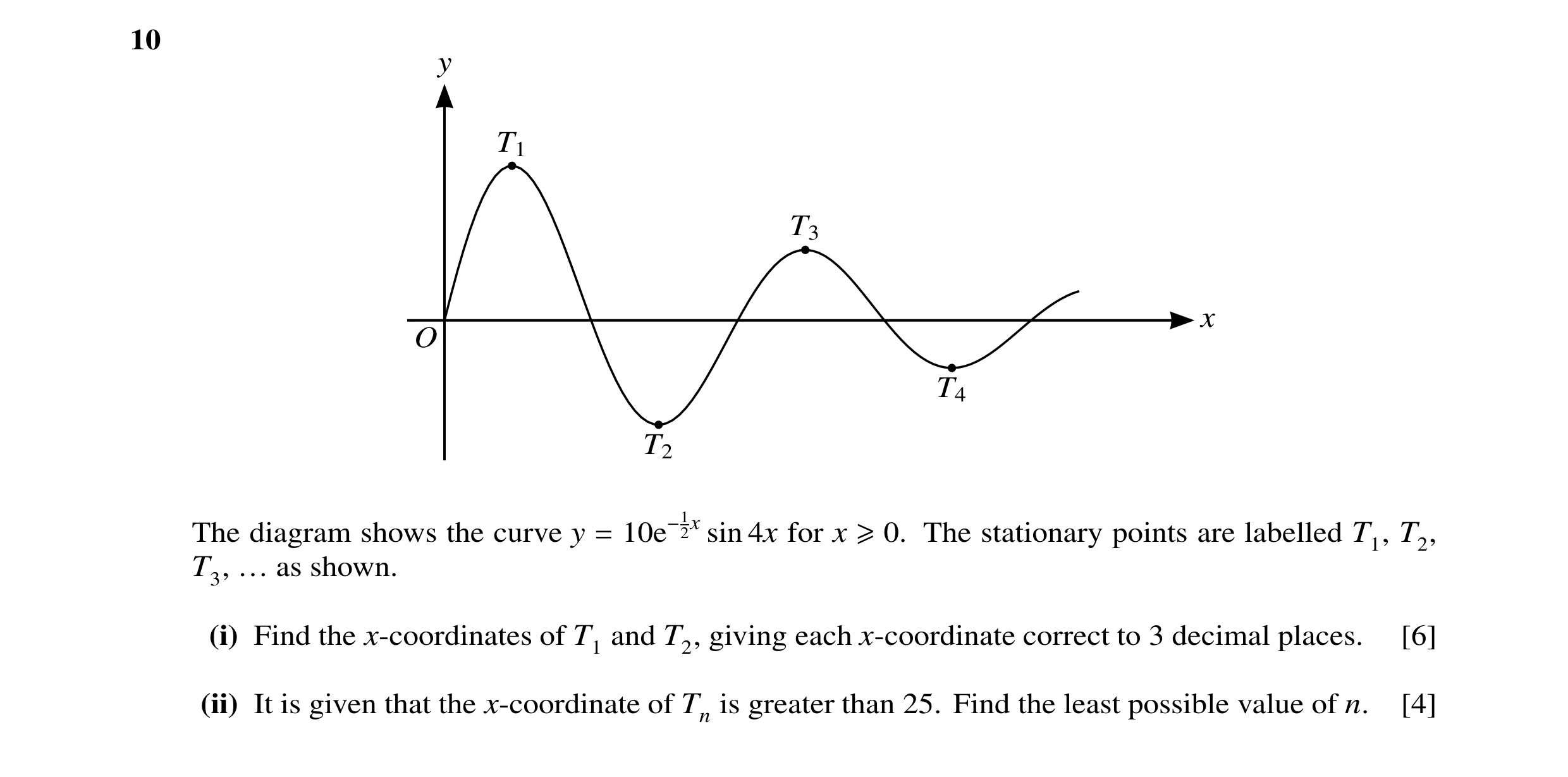Question 35: y T1 T3 x O T4 T2 The diagram shows the curve y 2x sin 4x for x The stationary points are labelled T1, T2, = 10e−1 ≥0. … as shown. T3, (i) …