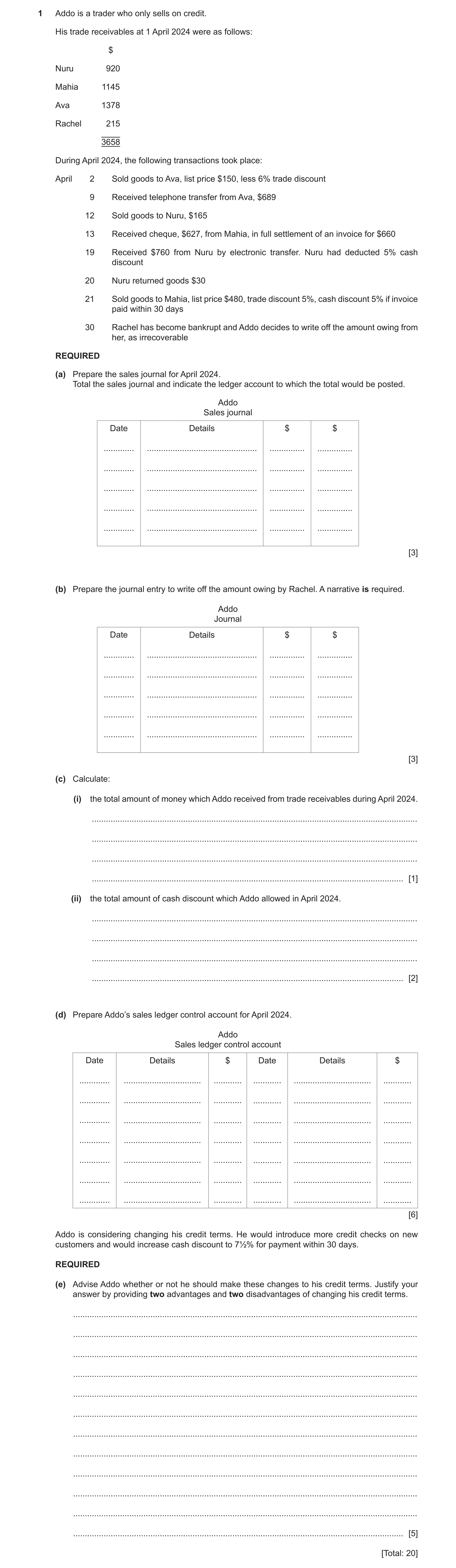 Question 13: Addo is a trader who only sells on credit. His trade receivables at 1 April 2024 were as follows: $ Nuru 920 Mahia 1145 Ava 1378 Rachel 215…