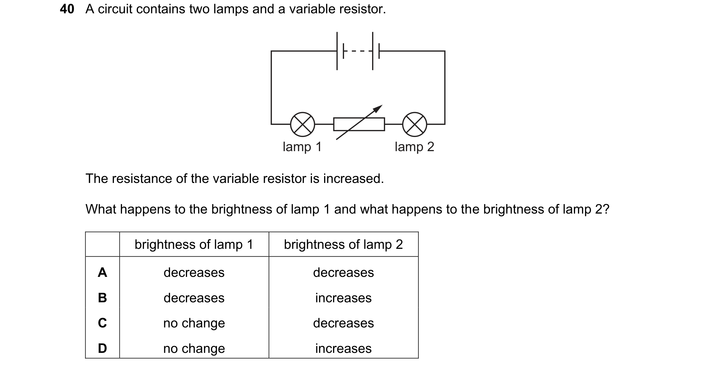 Question 156: A circuit contains two lamps and a variable resistor. lamp 1 lamp 2 The resistance of the variable resistor is increased. What happens to t…