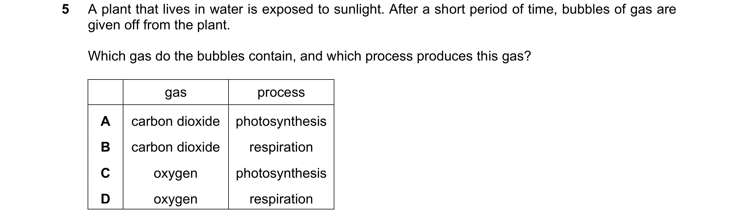Question 80: A plant that lives in water is exposed to sunlight. After a short period of time, bubbles of gas are given off from the plant. Which gas do…
