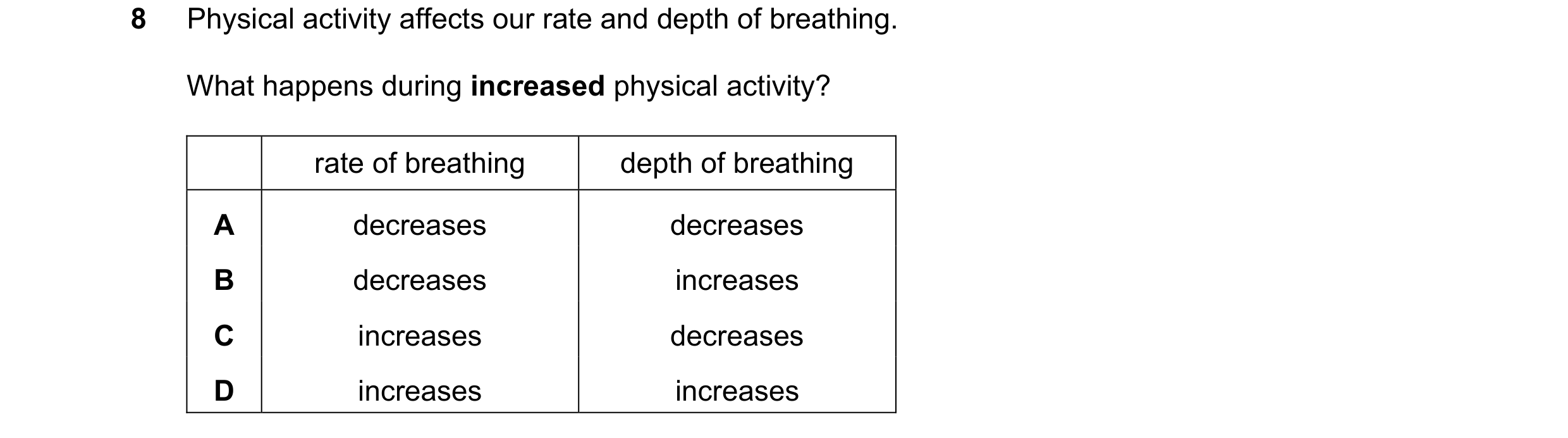 Question 64: Physical activity affects our rate and depth of breathing. What happens during increased physical activity? rate of breathing depth of brea…