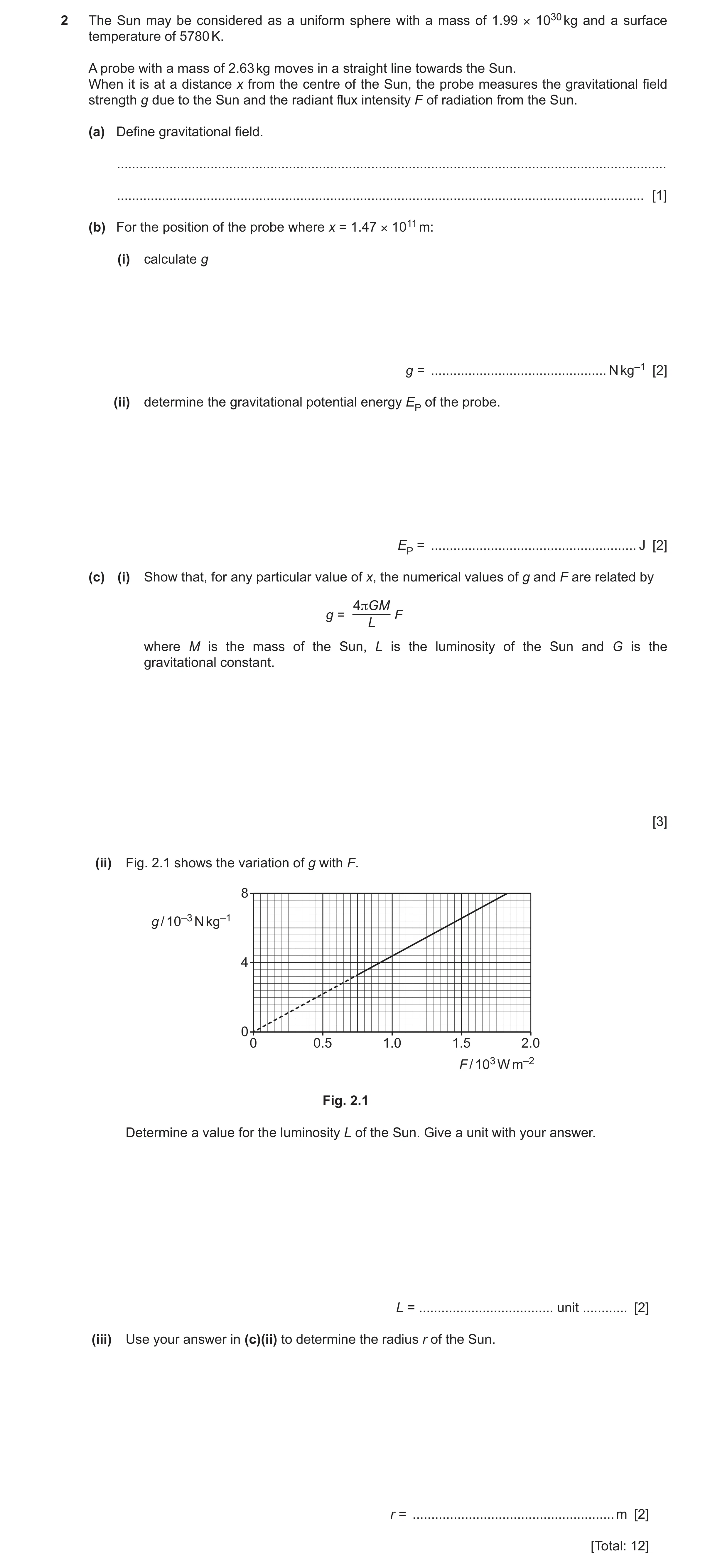 Question 20: The Sun may be considered as a uniform sphere with a mass of 1.99 × 1030 kg and a surface temperature of 5780 K. A probe with a mass of 2.6…
