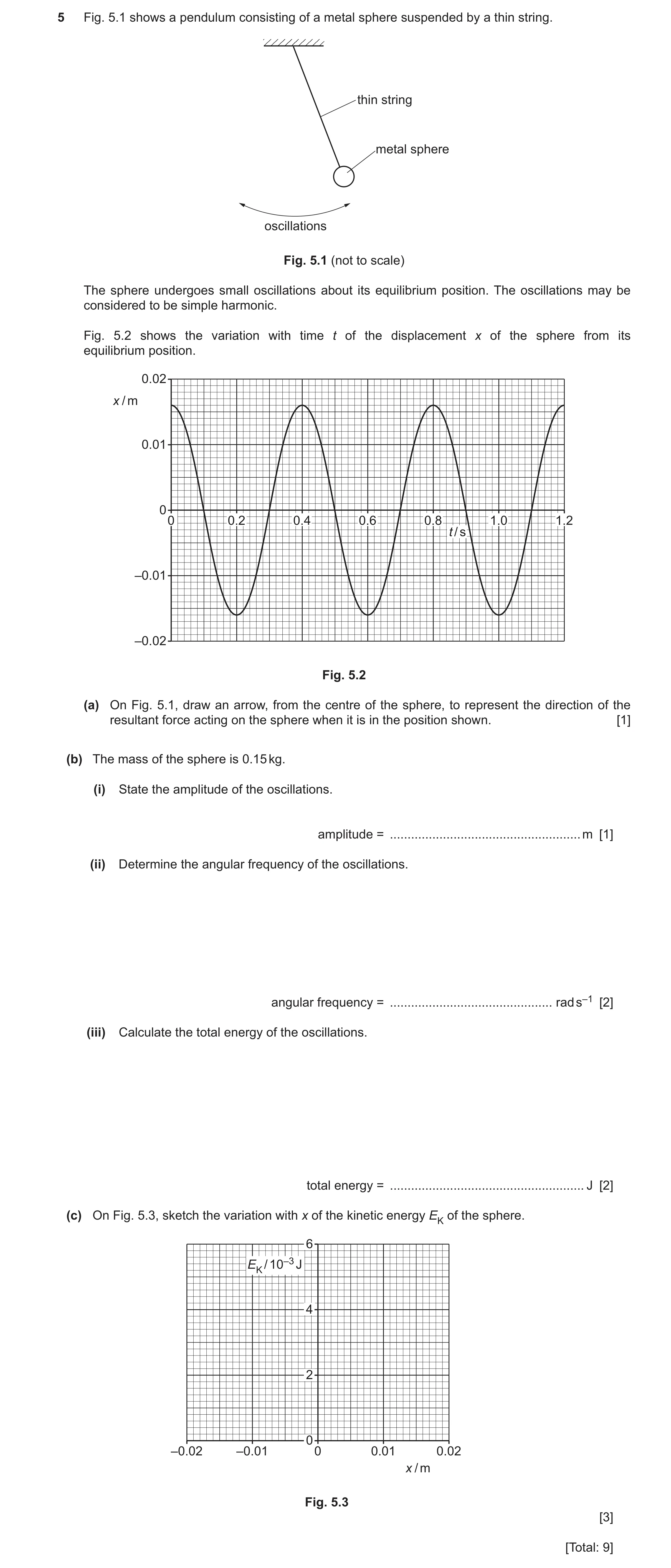 Question 49: Fig. 5.1 shows a pendulum consisting of a metal sphere suspended by a thin string. thin string metal sphere oscillations Fig. 5.1 (not to s…