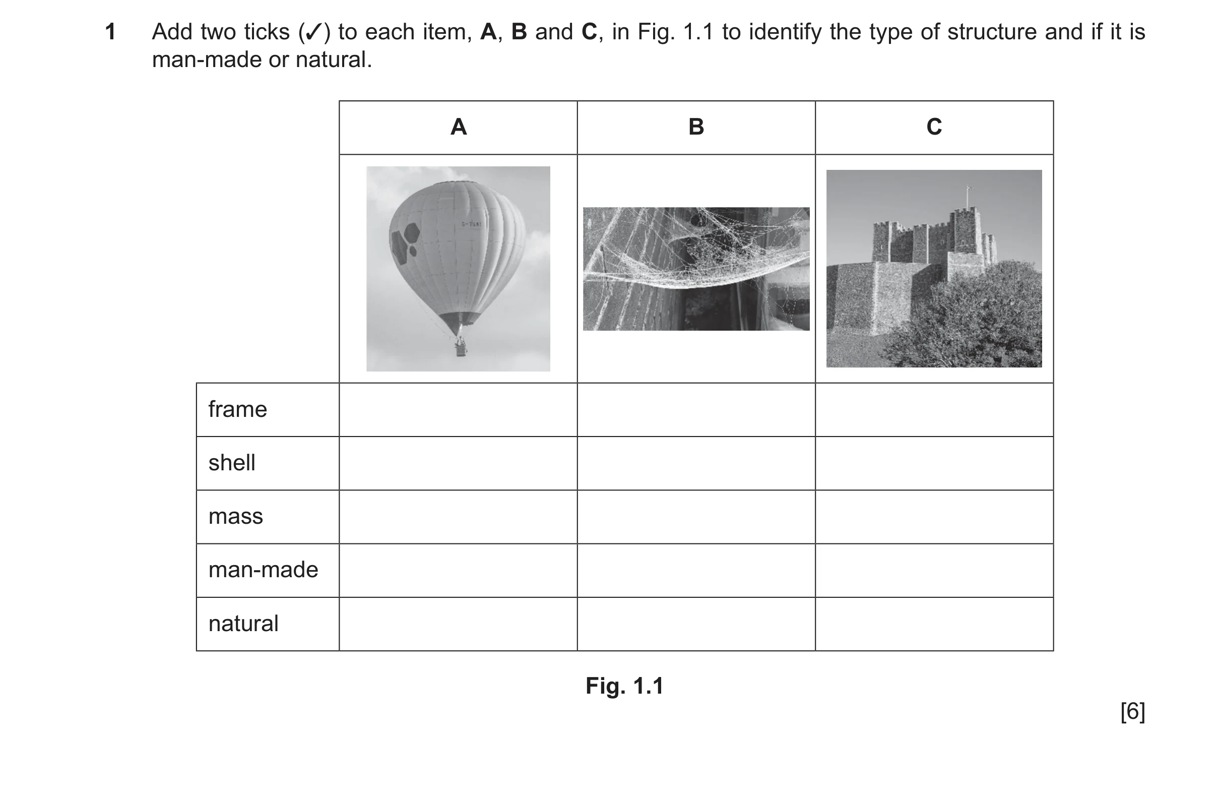 Question 149: Add two ticks (✓) to each item, A, B and C, in Fig. 1.1 to identify the type of structure and if it is man‑made or natural. A B C frame she…