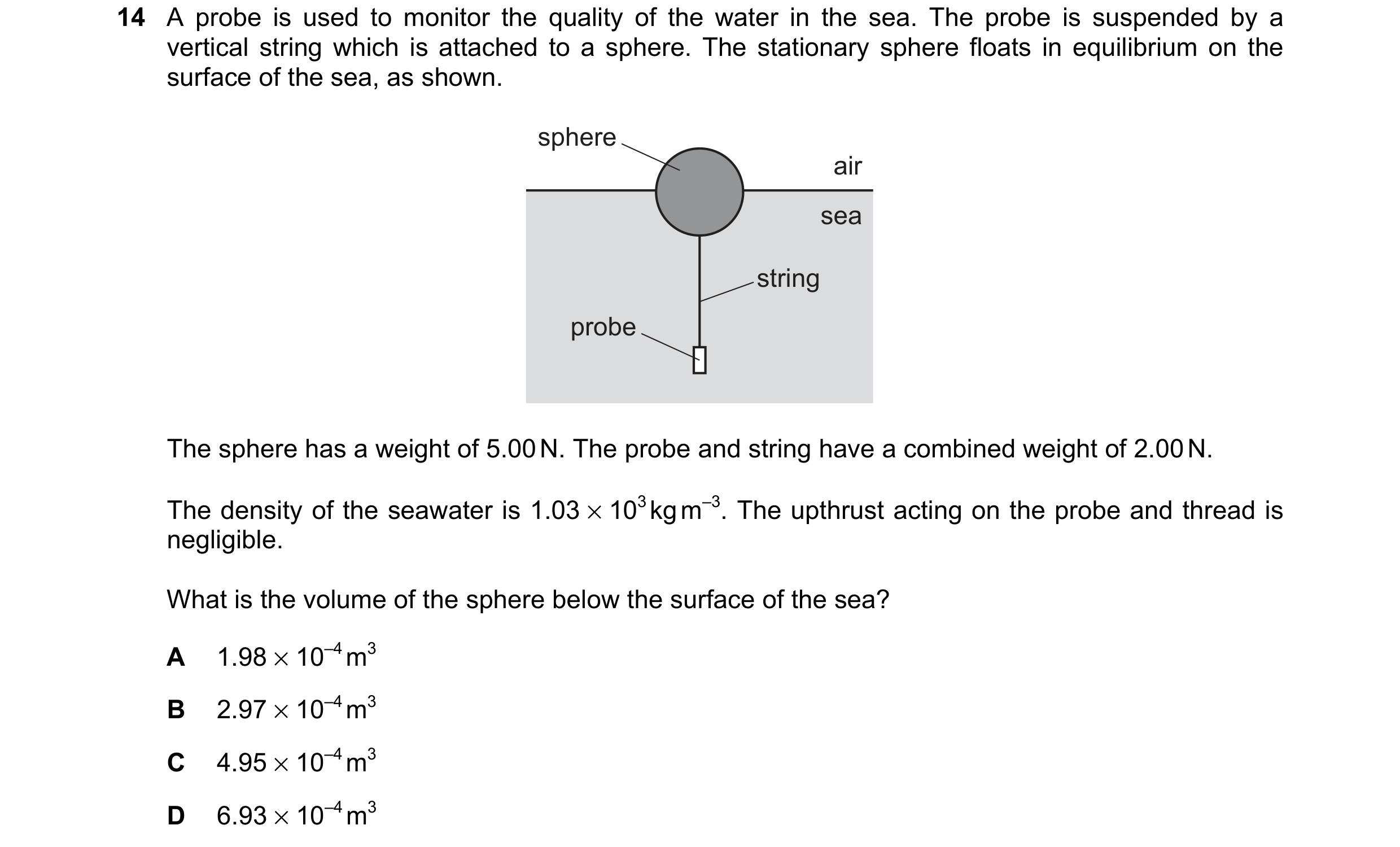 Question 150: A probe is used to monitor the quality of the water in the sea. The probe is suspended by a vertical string which is attached to a sphere. …