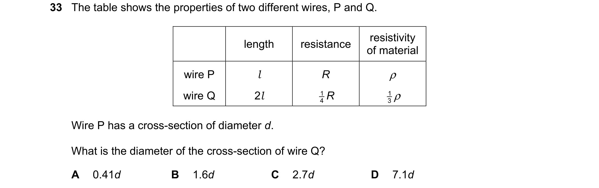 Question 142: The table shows the properties of two different wires, P and Q. resistivity length resistance of material wire P l R ρ wire Q 2l 4 R 1 3 ρ …