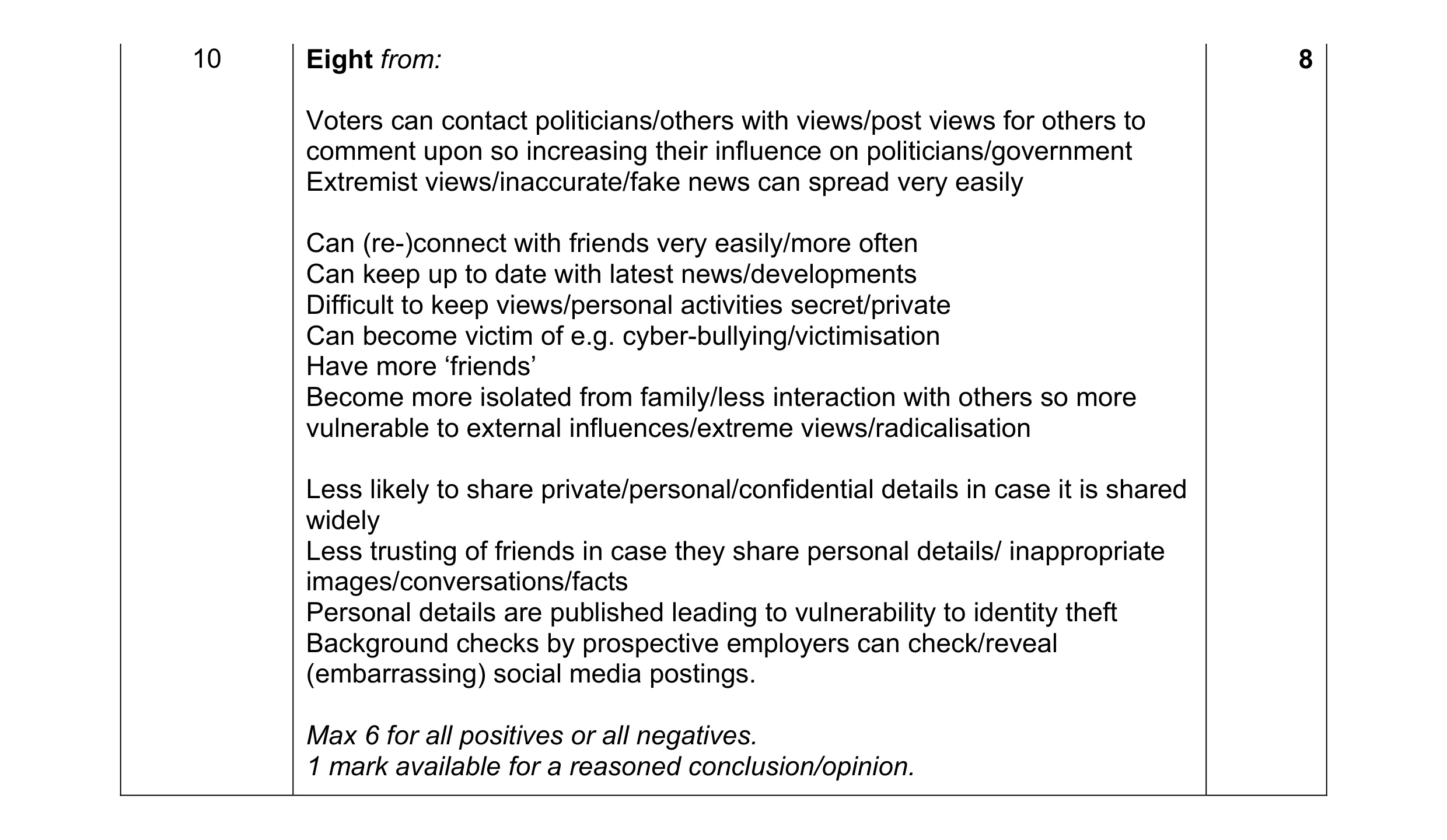 Mark scheme for question 1