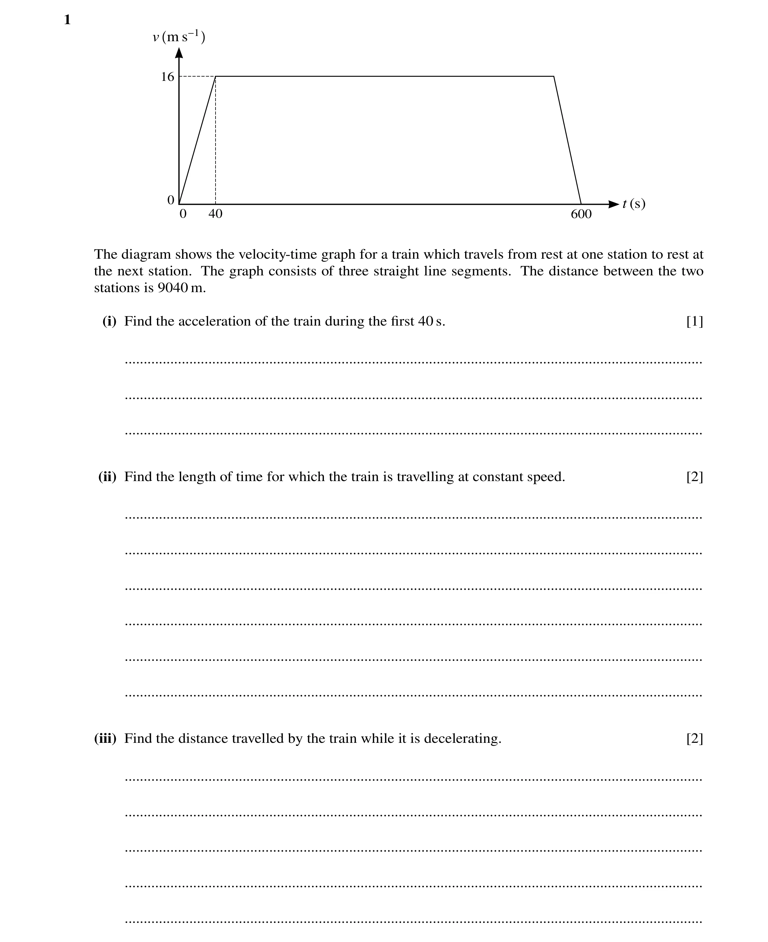 Question 191: v m s−1 16 0 t (s) 0 40 600 The diagram shows the velocity-time graph for a train which travels from rest at one station to rest at the nex…