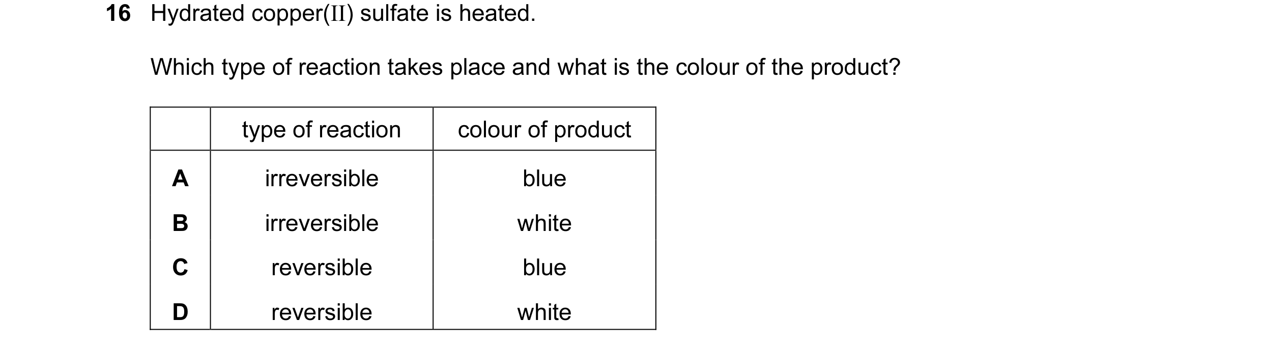Question 11: Hydrated copper(II) sulfate is heated. Which type of reaction takes place and what is the colour of the product? type of reaction colour of…
