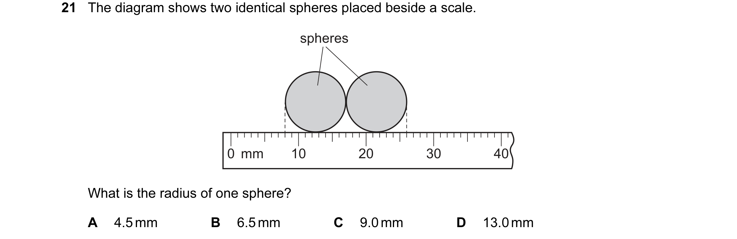 Question 15: The diagram shows two identical spheres placed beside a scale. spheres 0 mm 10 20 30 40 What is the radius of one sphere? A 4.5 mm B 6.5 mm…