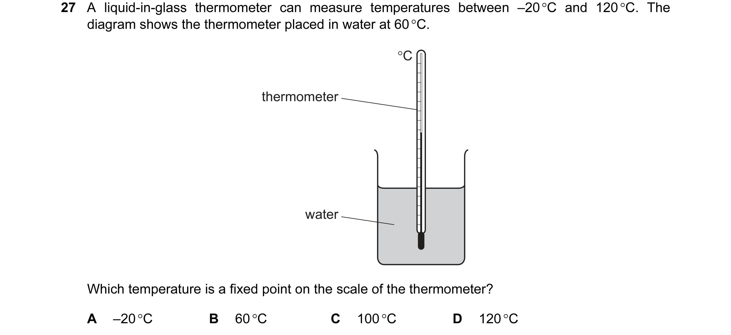 Question 15: A liquid-in-glass thermometer can measure temperatures between –20 °C and 120 °C. The diagram shows the thermometer placed in water at 60 °…