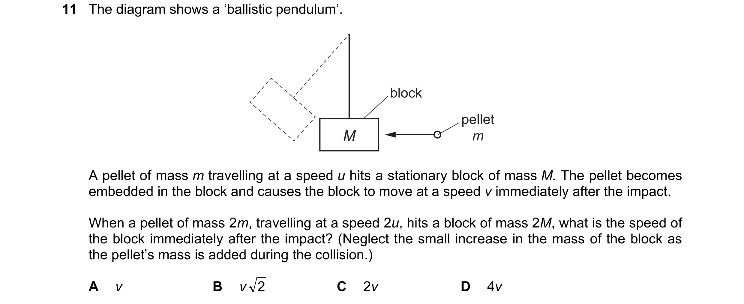 Question 143: The diagram shows a ‘ballistic pendulum’. block pellet M m A pellet of mass m travelling at a speed u hits a stationary block of mass M. Th…