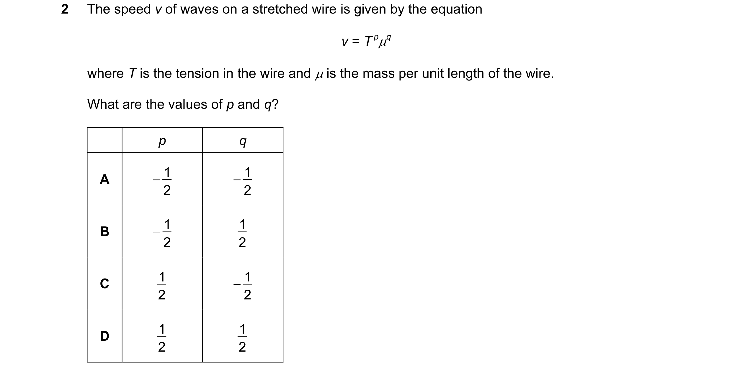 Question 106: The speed v of waves on a stretched wire is given by the equation v = T pq where T is the tension in the wire and  is the mass per unit l…