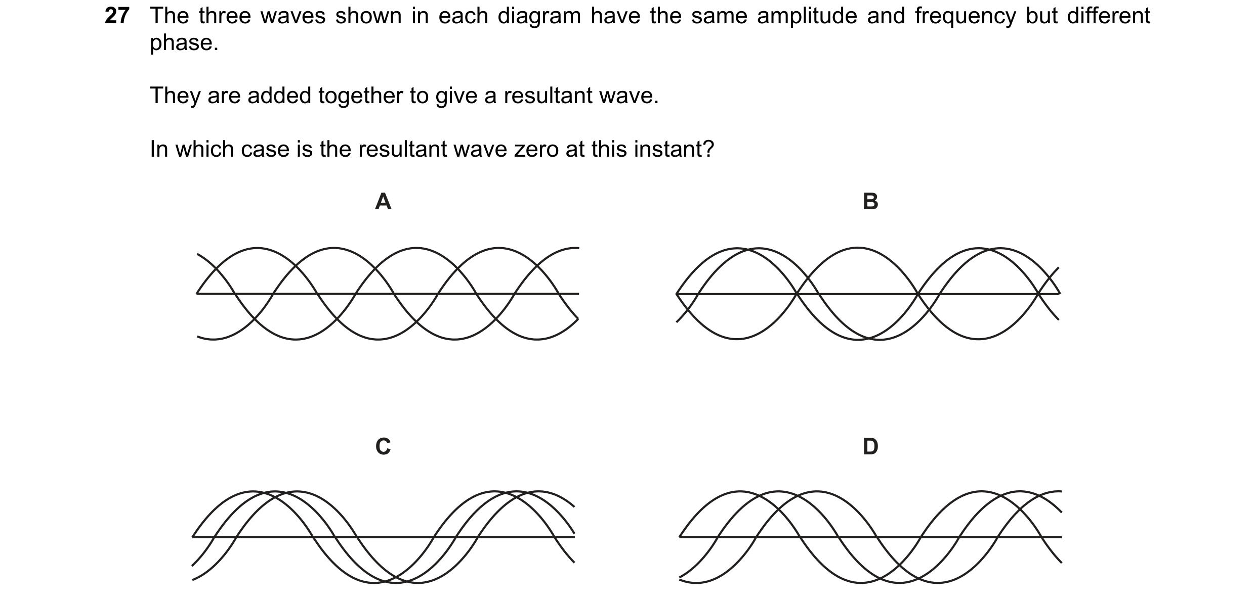 Question 79: The three waves shown in each diagram have the same amplitude and frequency but different phase. They are added together to give a resultan…