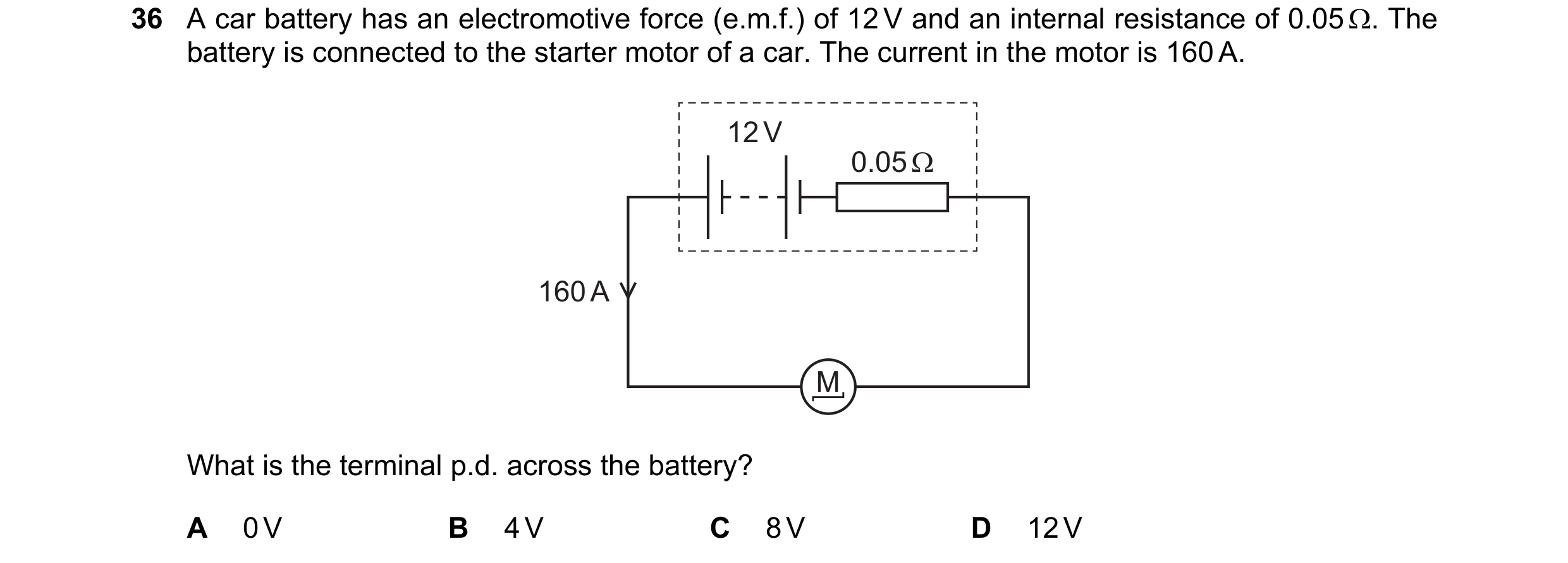 Question 168: A car battery has an electromotive force (e.m.f.) of 12 V and an internal resistance of 0.05 . The battery is connected to the starter mot…
