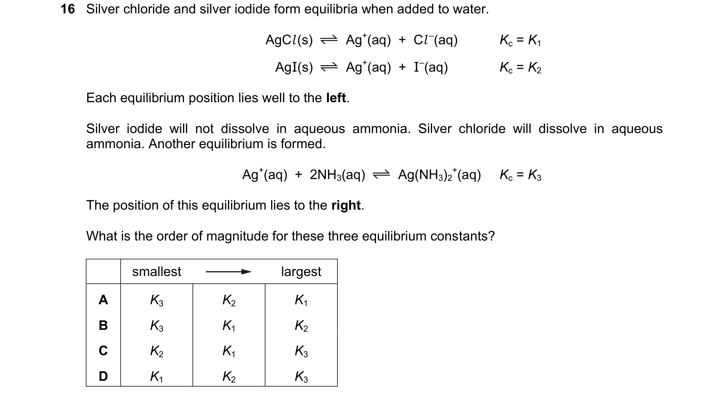 Question 148: Silver chloride and silver iodide form equilibria when added to water. AgCl (s) Ag+(aq)  +  Cl –(aq) Kc = K1 AgI(s) Ag+(aq)  +  I–(aq) Kc =…