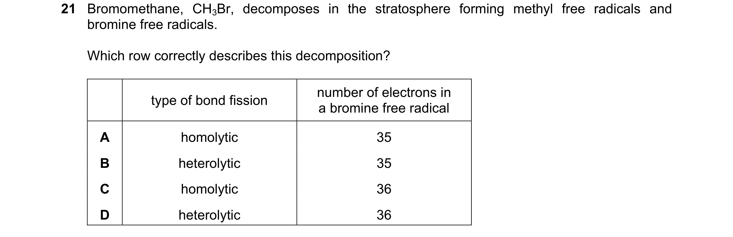 Question 96: Bromomethane, CH3Br, decomposes in the stratosphere forming methyl free radicals and bromine free radicals. Which row correctly describes t…