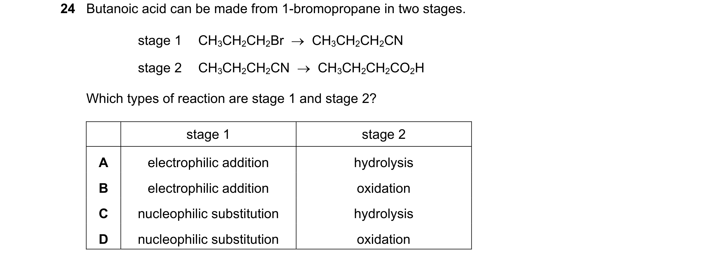Question 93: Butanoic acid can be made from 1-bromopropane in two stages. stage 1 CH3CH2CH2Br CH3CH2CH2CN stage 2 CH3CH2CH2CN CH3CH2CH2CO2H Whic…