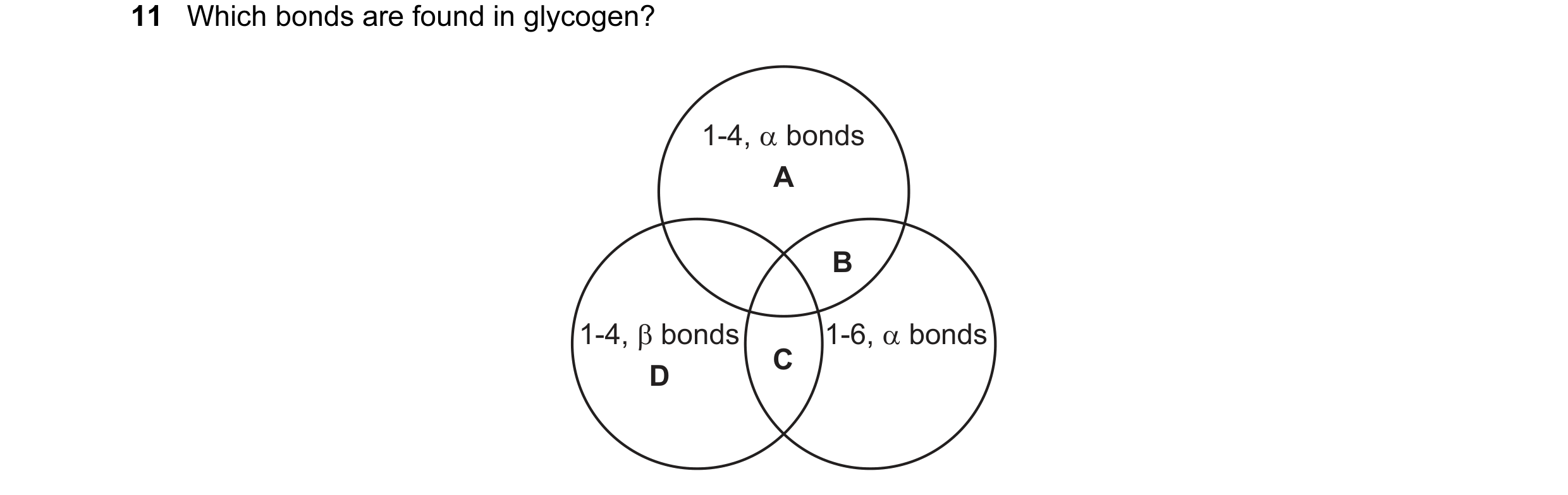 Question 125: Which bonds are found in glycogen? 1-4, α bonds A B 1-4, β bonds 1-6, α bonds C D