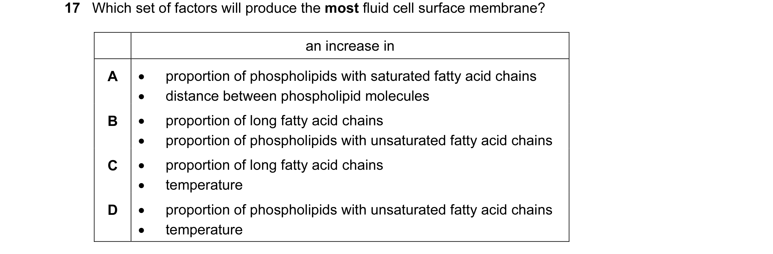 Question 51: Which set of factors will produce the most fluid cell surface membrane? an increase in A • proportion of phospholipids with saturated fatty…