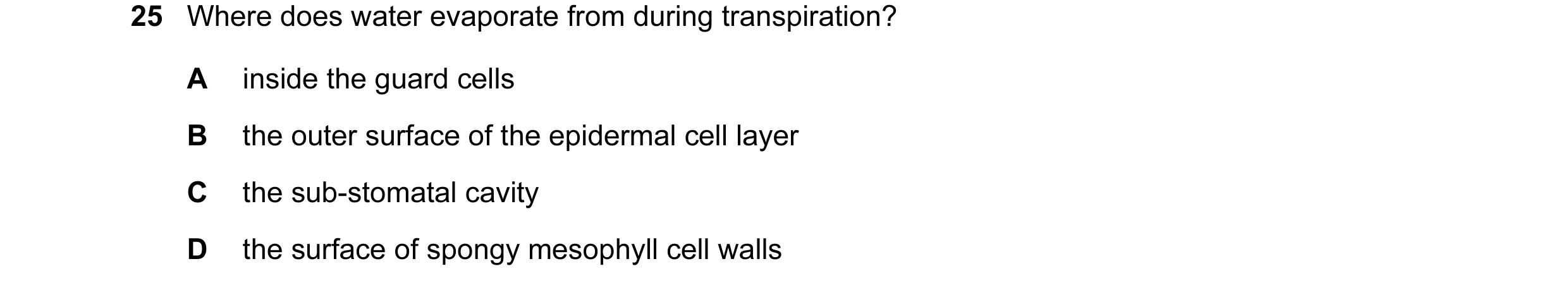 Question 110: Where does water evaporate from during transpiration? A inside the guard cells B the outer surface of the epidermal cell layer C the sub-st…