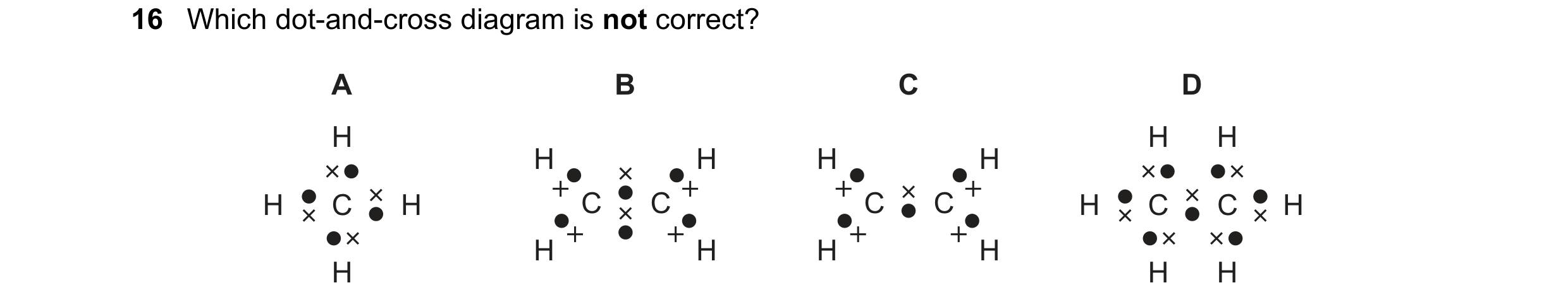 Question 6: Which dot-and-cross diagram is not correct? A B C D H H H H H H H H C H C C C C H C C H H H H H H H H
